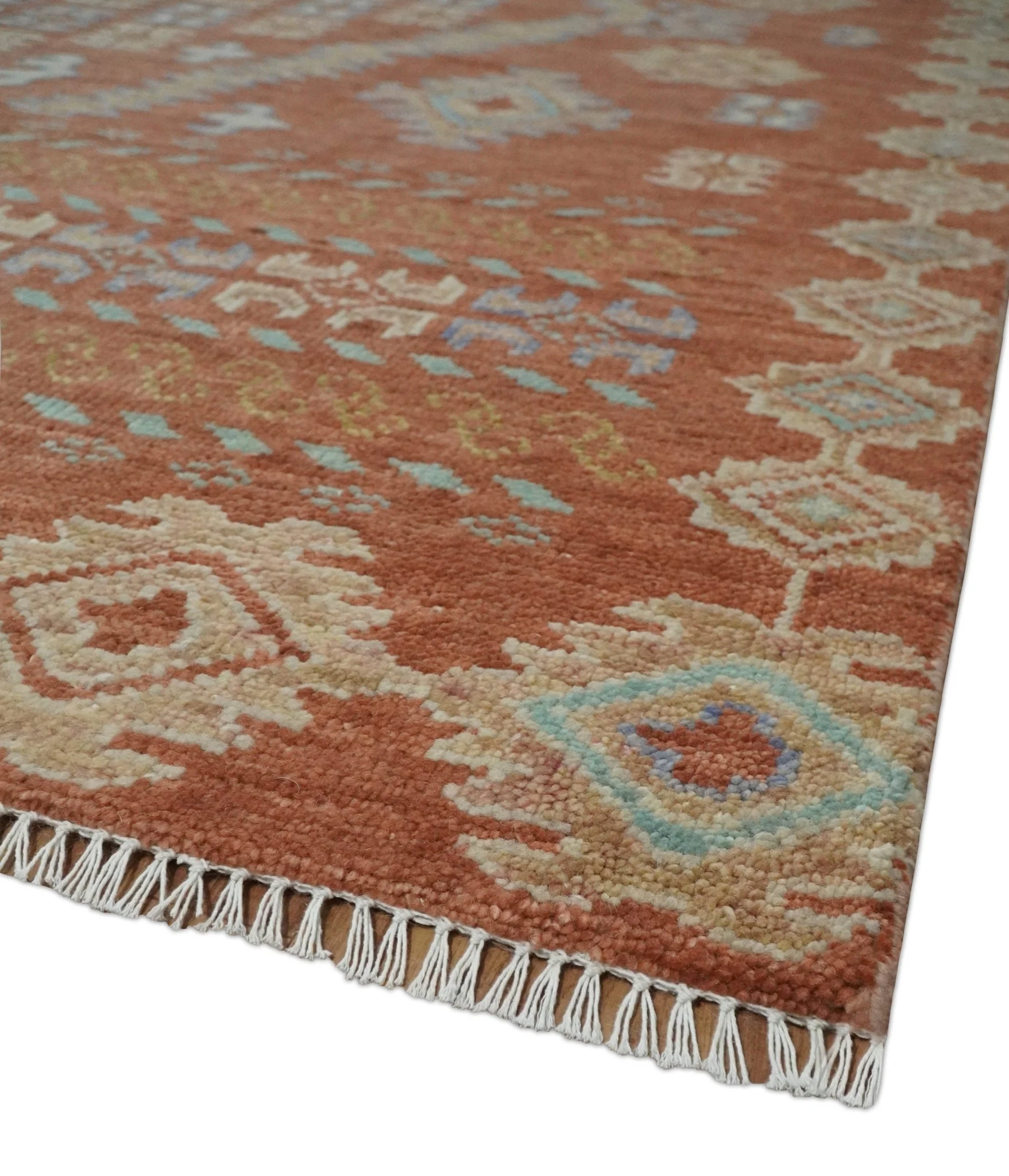 Rust, Beige and Blue Hand knotted Traditional Multi Size Oriental wool Area Rug - Image 5