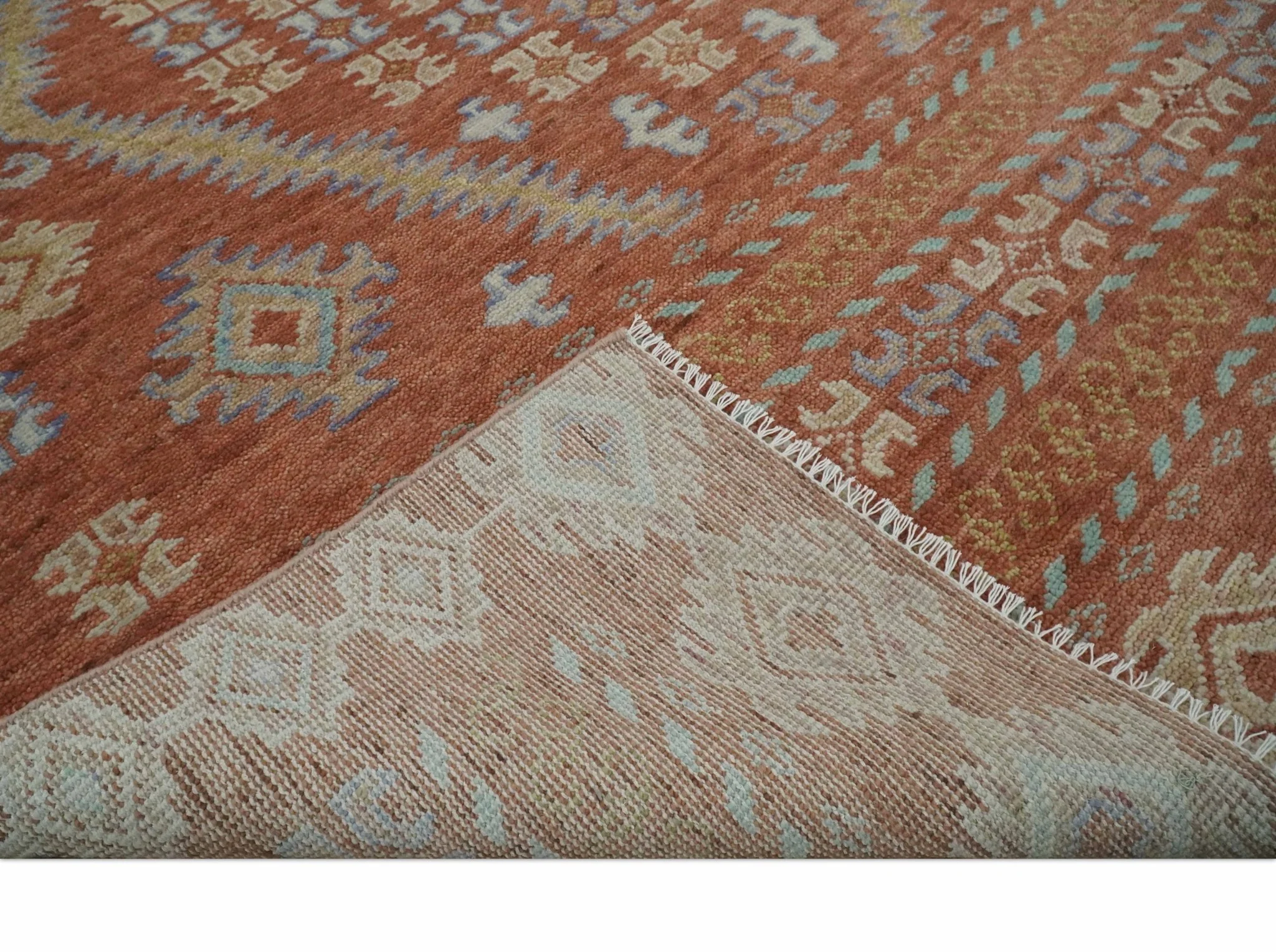 Rust, Beige and Blue Hand knotted Traditional Multi Size Oriental wool Area Rug - Image 8