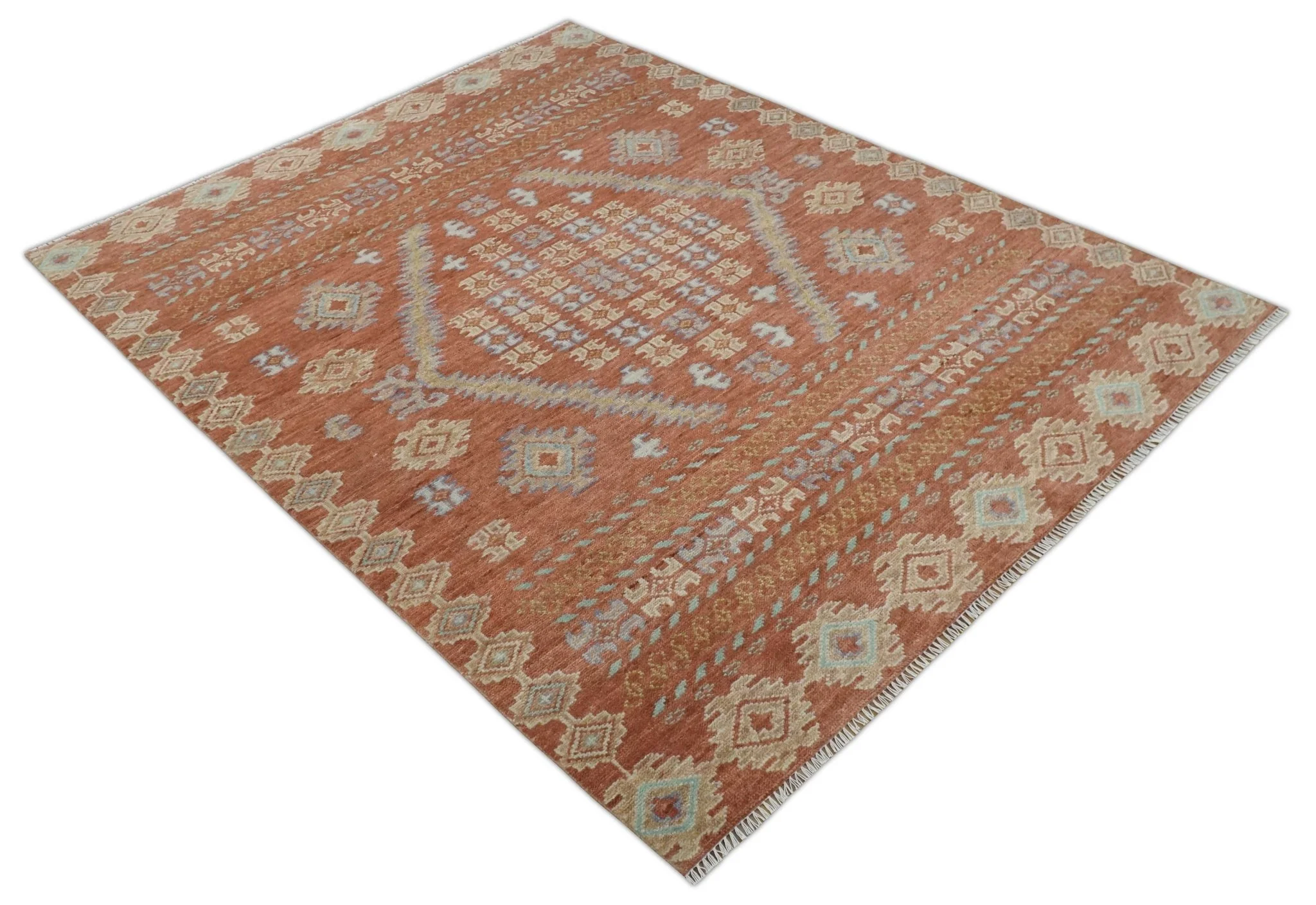 Rust, Beige and Blue Hand knotted Traditional Multi Size Oriental wool Area Rug - Image 9
