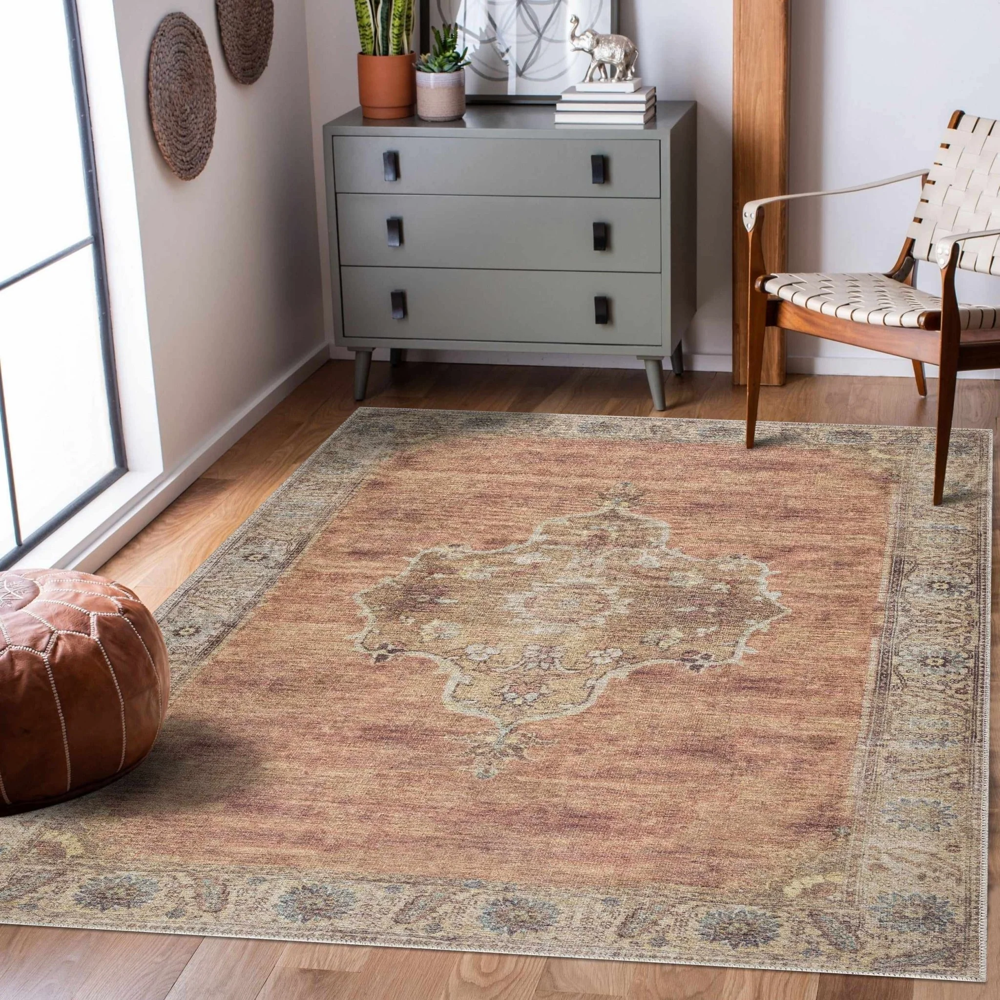 Rust, Beige, Brown and Charcoal vintage Style Medallion design Machine washable Rug - Image 2