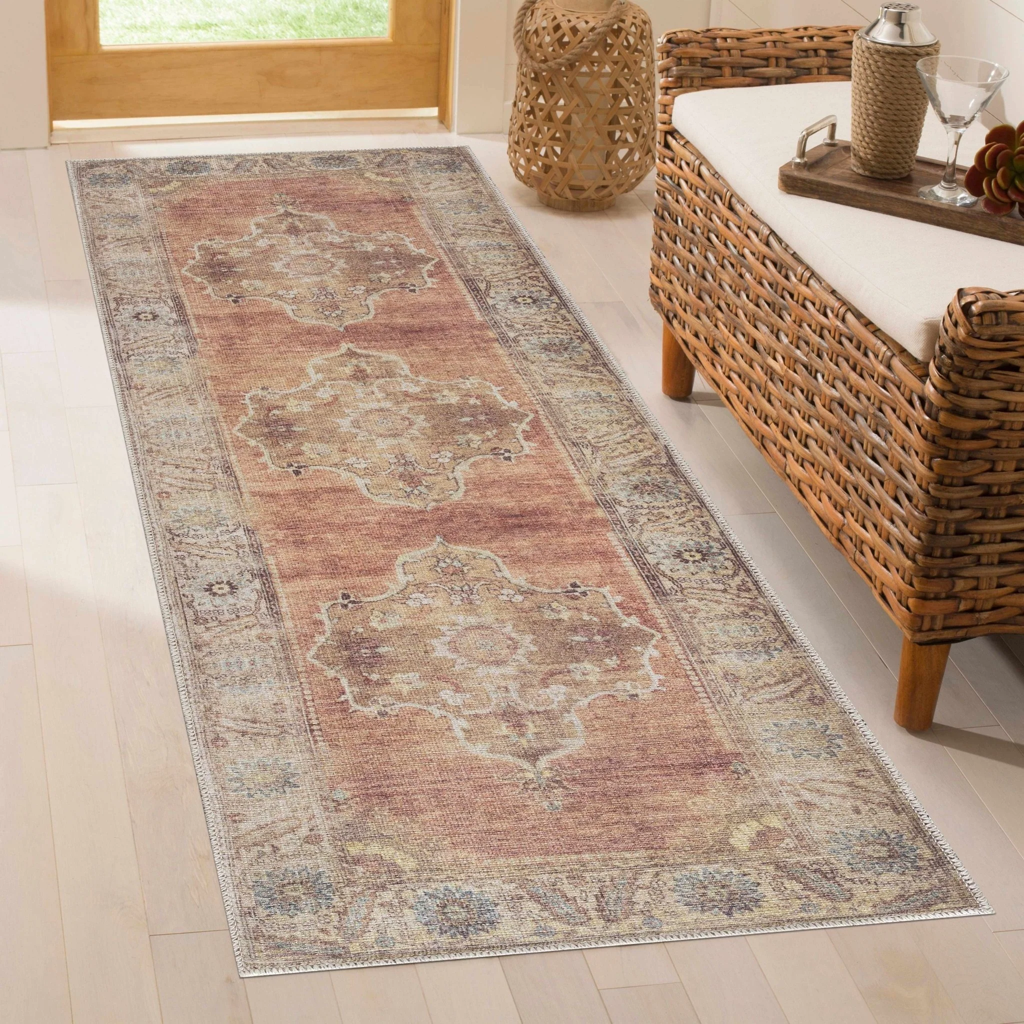 Rust, Beige, Brown and Charcoal vintage Style Medallion design Machine washable Rug - Image 3
