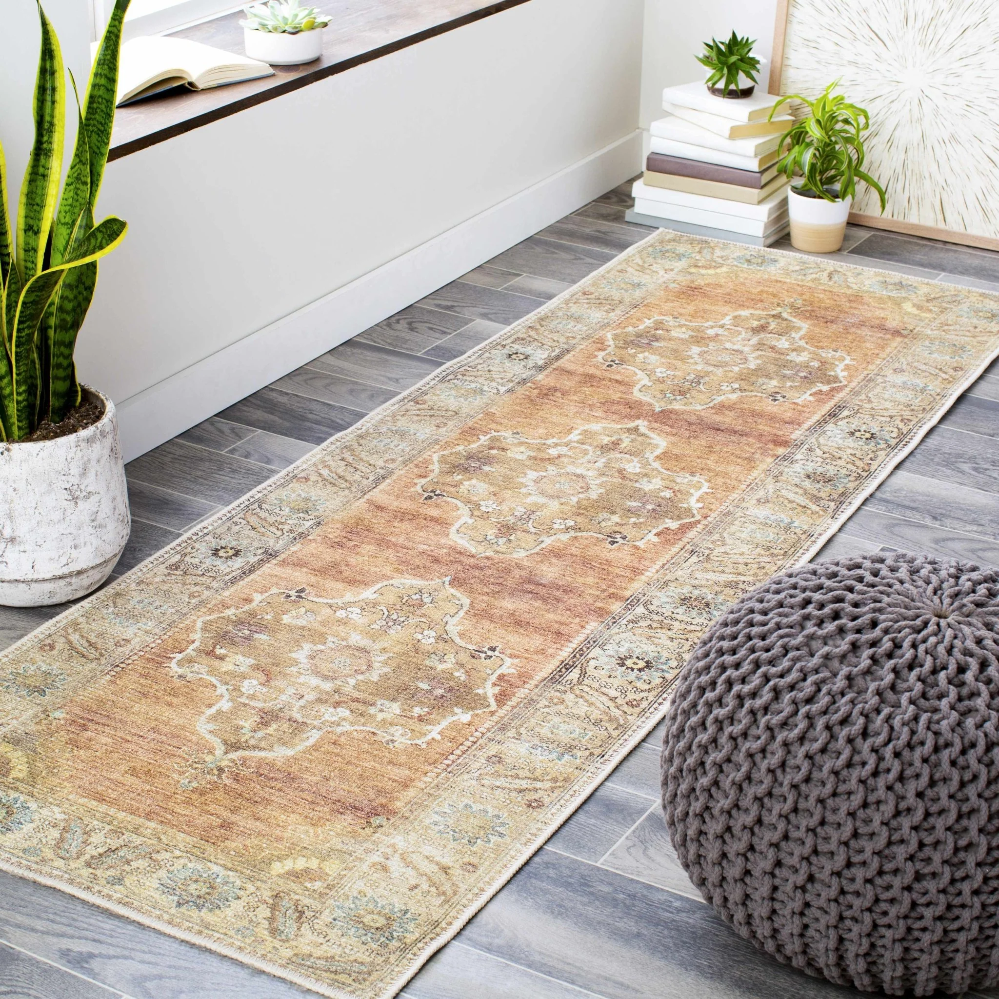 Rust, Beige, Brown and Charcoal vintage Style Medallion design Machine washable Rug - Image 4