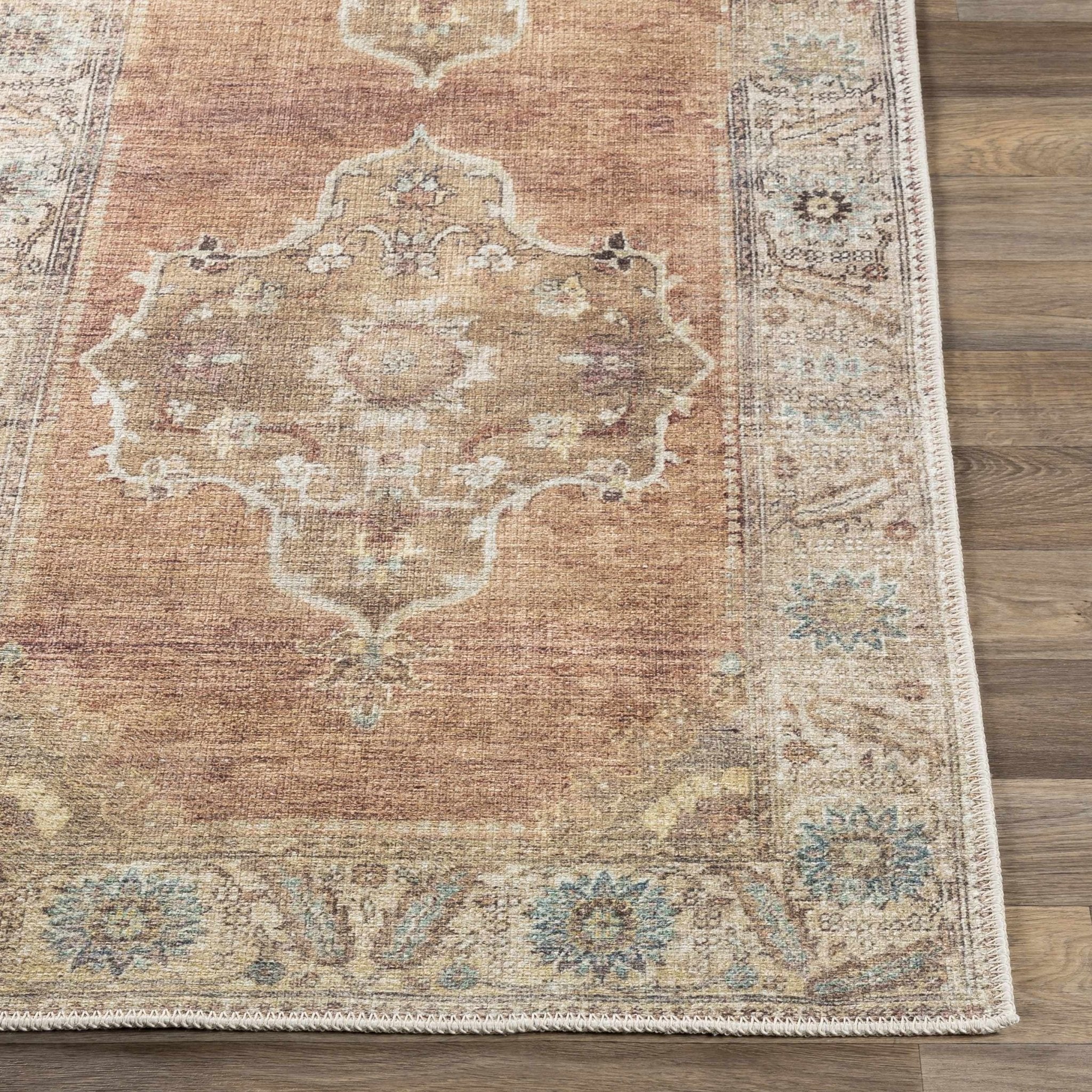 Rust, Beige, Brown and Charcoal vintage Style Medallion design Machine washable Rug - Image 6