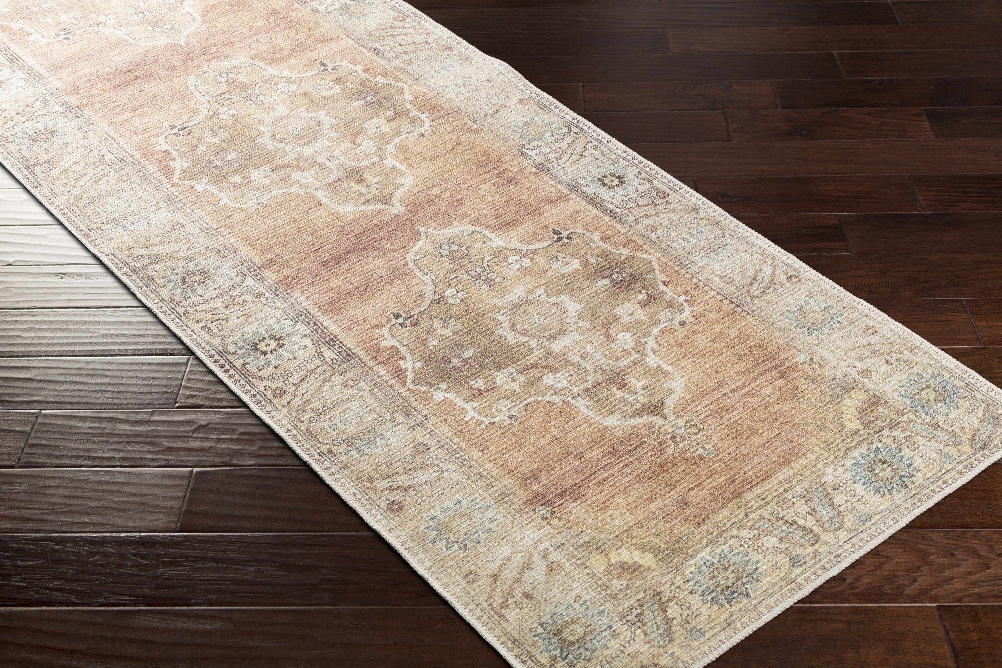 Rust, Beige, Brown and Charcoal vintage Style Medallion design Machine washable Rug - Image 8