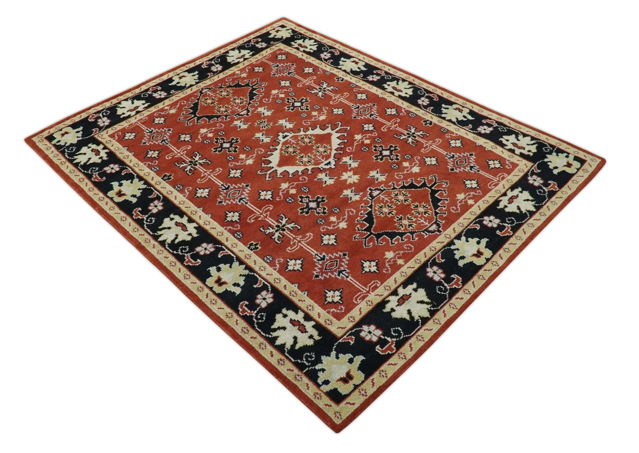Rust, Black and Beige Traditional Oriental Hand Knotted Custom Made Wool Area Rug - Image 10