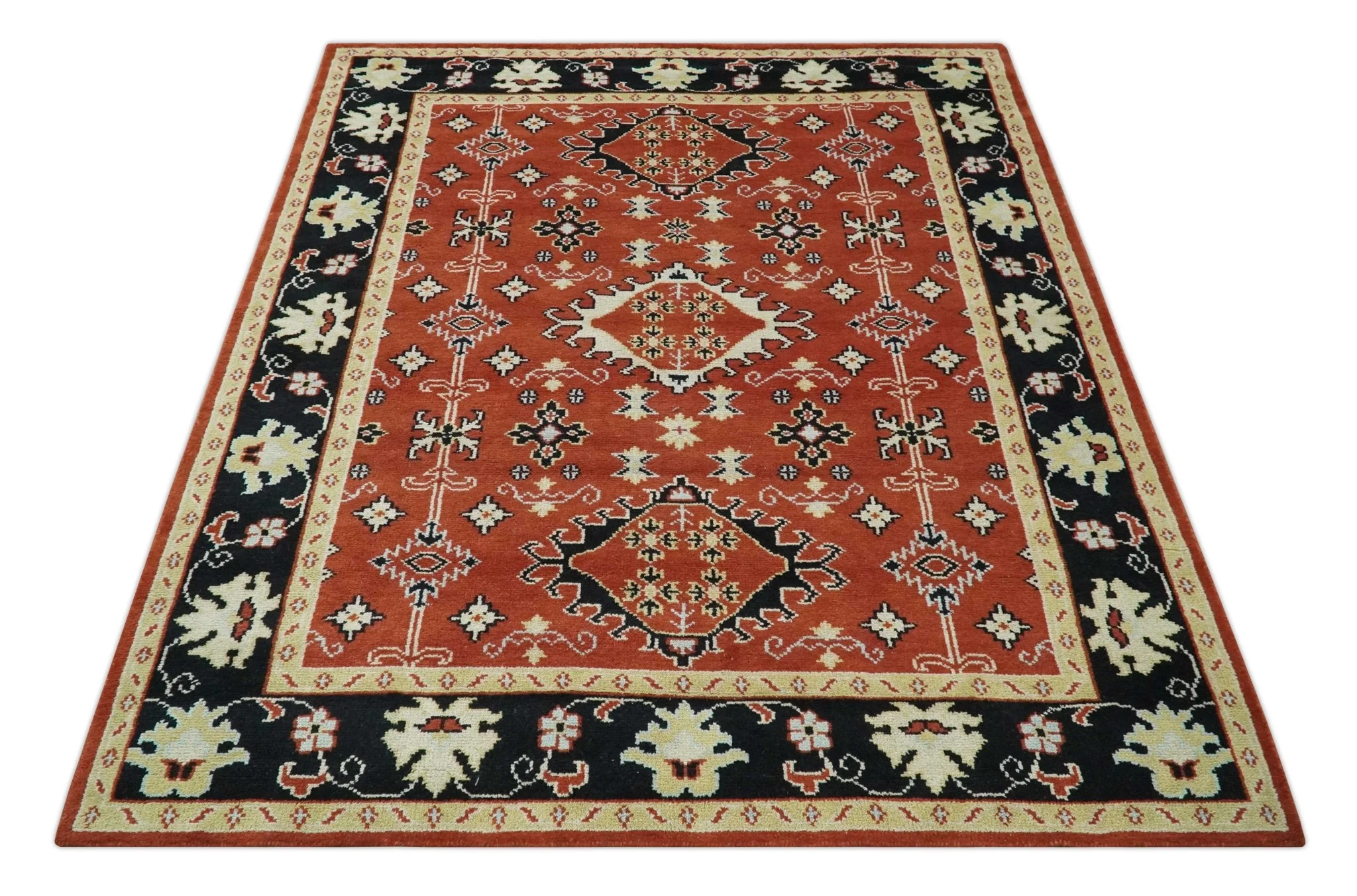 Rust, Black and Beige Traditional Oriental Hand Knotted Custom Made Wool Area Rug - Image 11