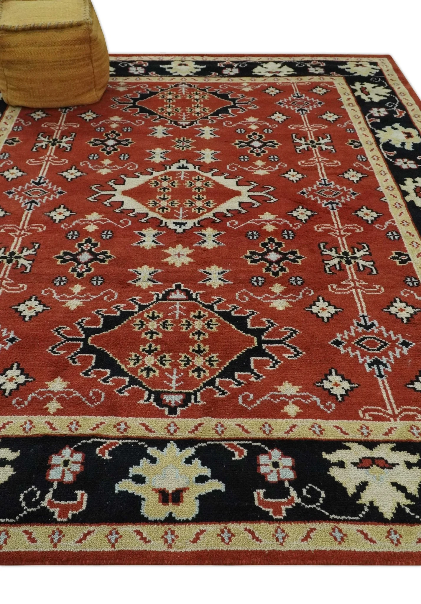 Rust, Black and Beige Traditional Oriental Hand Knotted Custom Made Wool Area Rug - Image 4