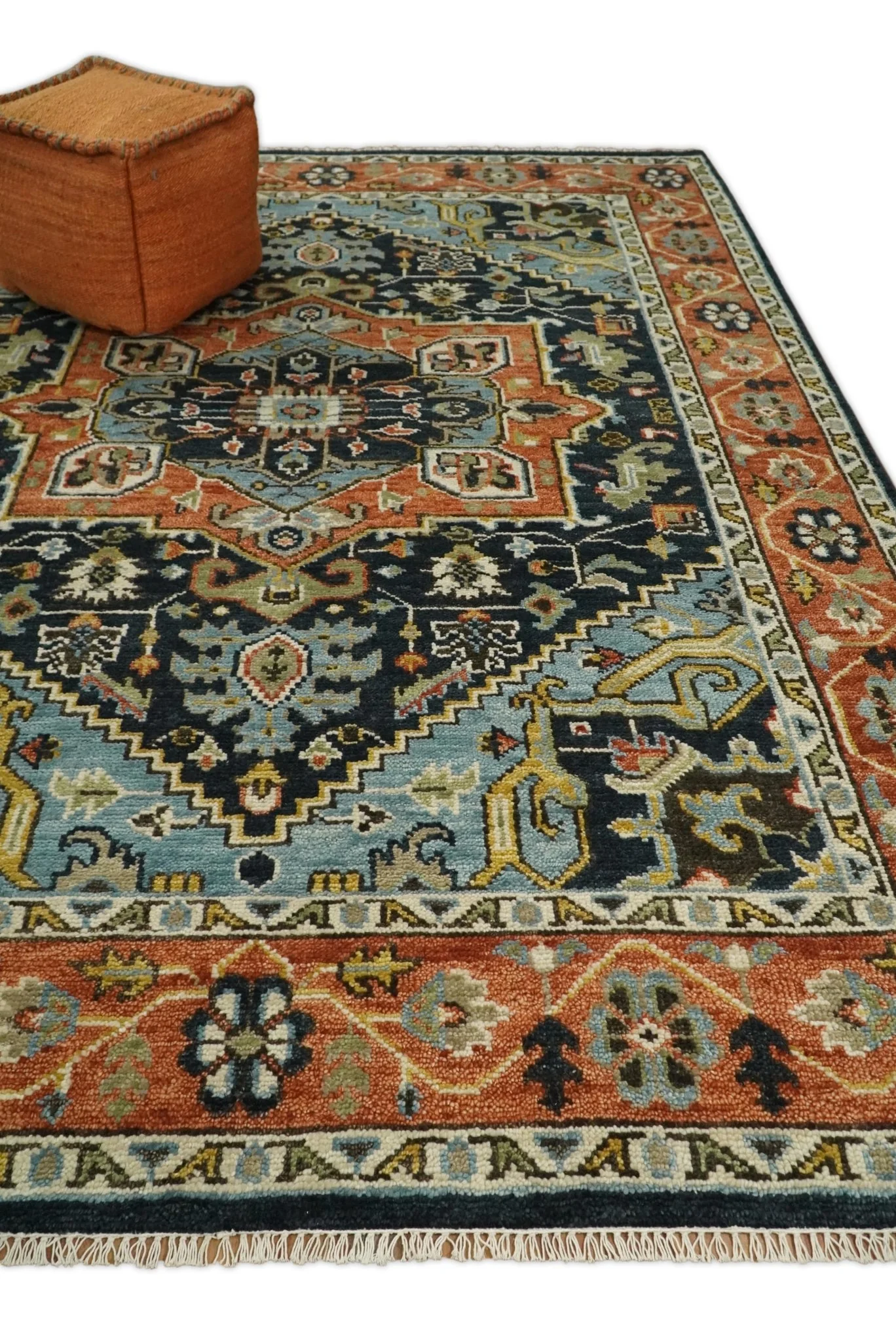 Rust, Blue and Aqua Traditional Heriz Hand knotted Multi Size wool Area Rug - Image 3