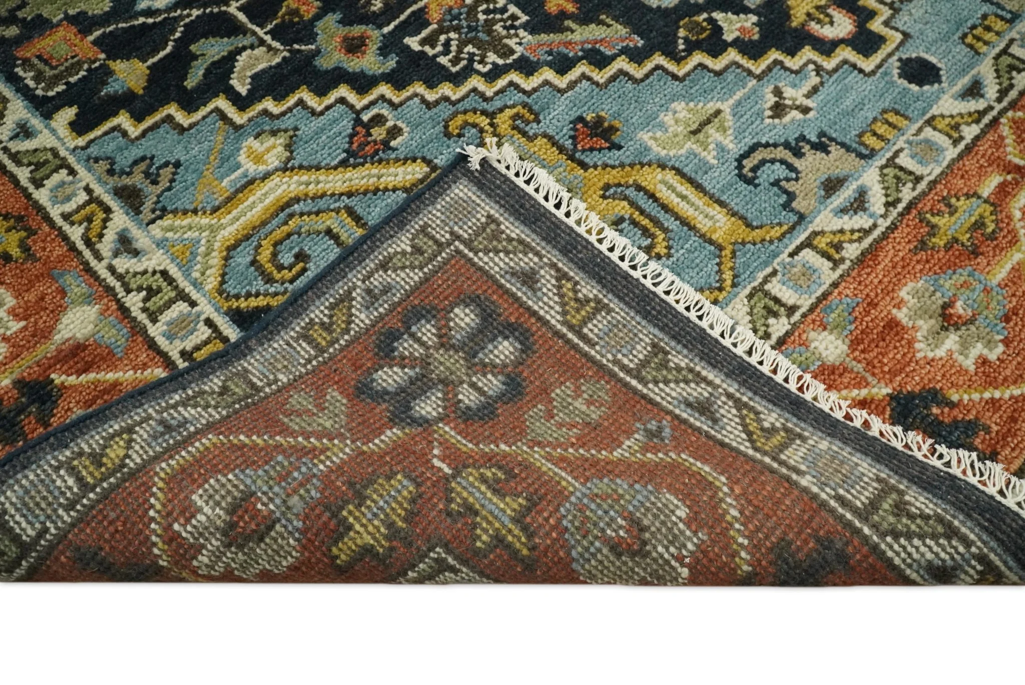 Rust, Blue and Aqua Traditional Heriz Hand knotted Multi Size wool Area Rug - Image 5