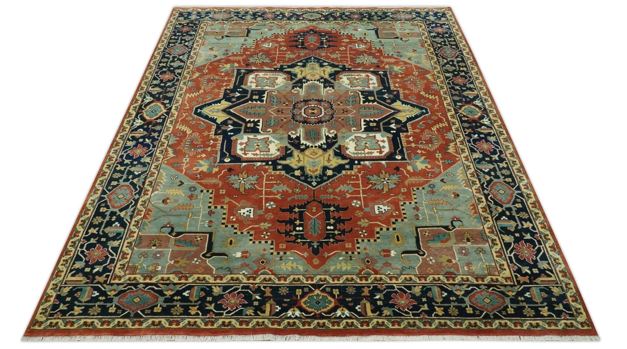 9x12 Fine Hand Knotted Rust, Blue and Aqua Traditional Heriz wool area rug - Image 10
