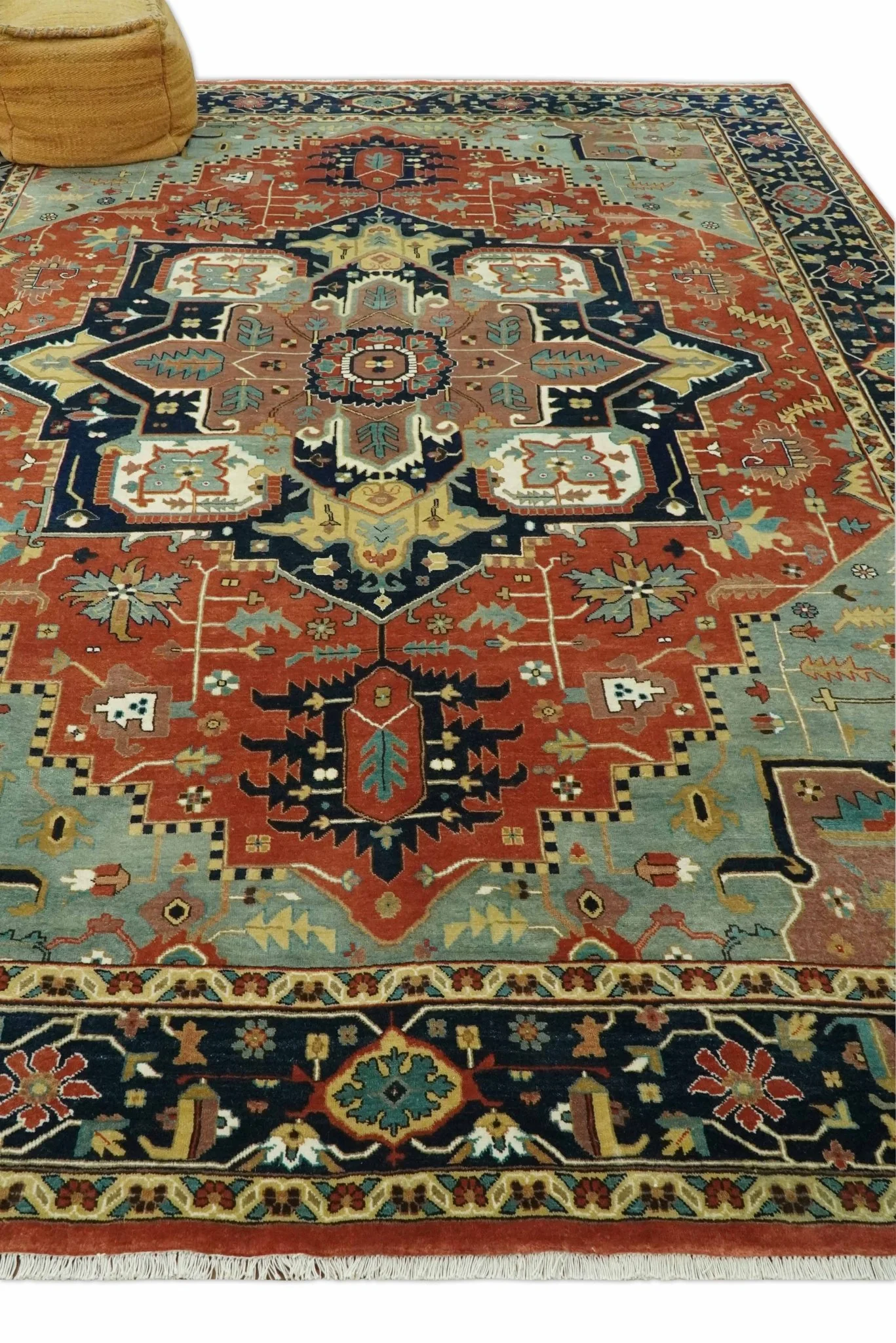 9x12 Fine Hand Knotted Rust, Blue and Aqua Traditional Heriz wool area rug - Image 3