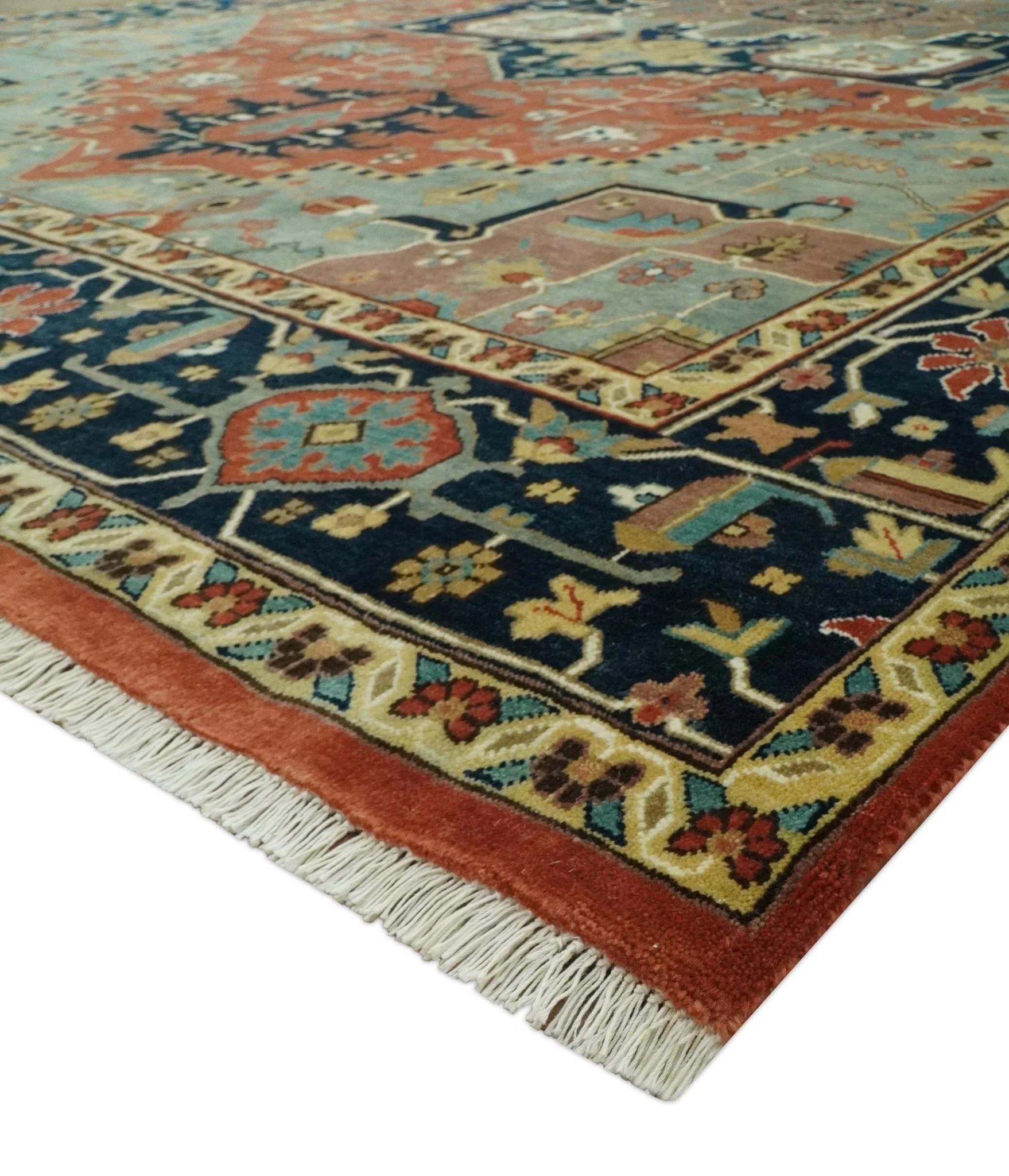 9x12 Fine Hand Knotted Rust, Blue and Aqua Traditional Heriz wool area rug - Image 5