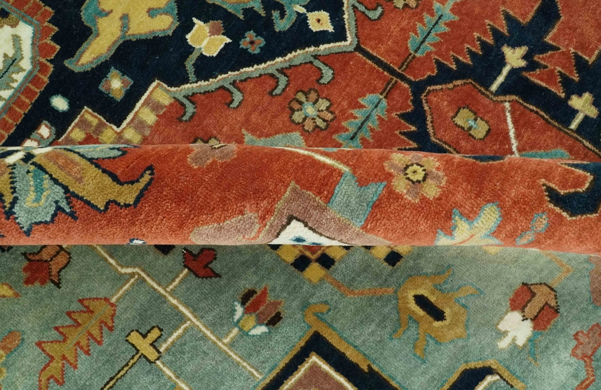 9x12 Fine Hand Knotted Rust, Blue and Aqua Traditional Heriz wool area rug - Image 6