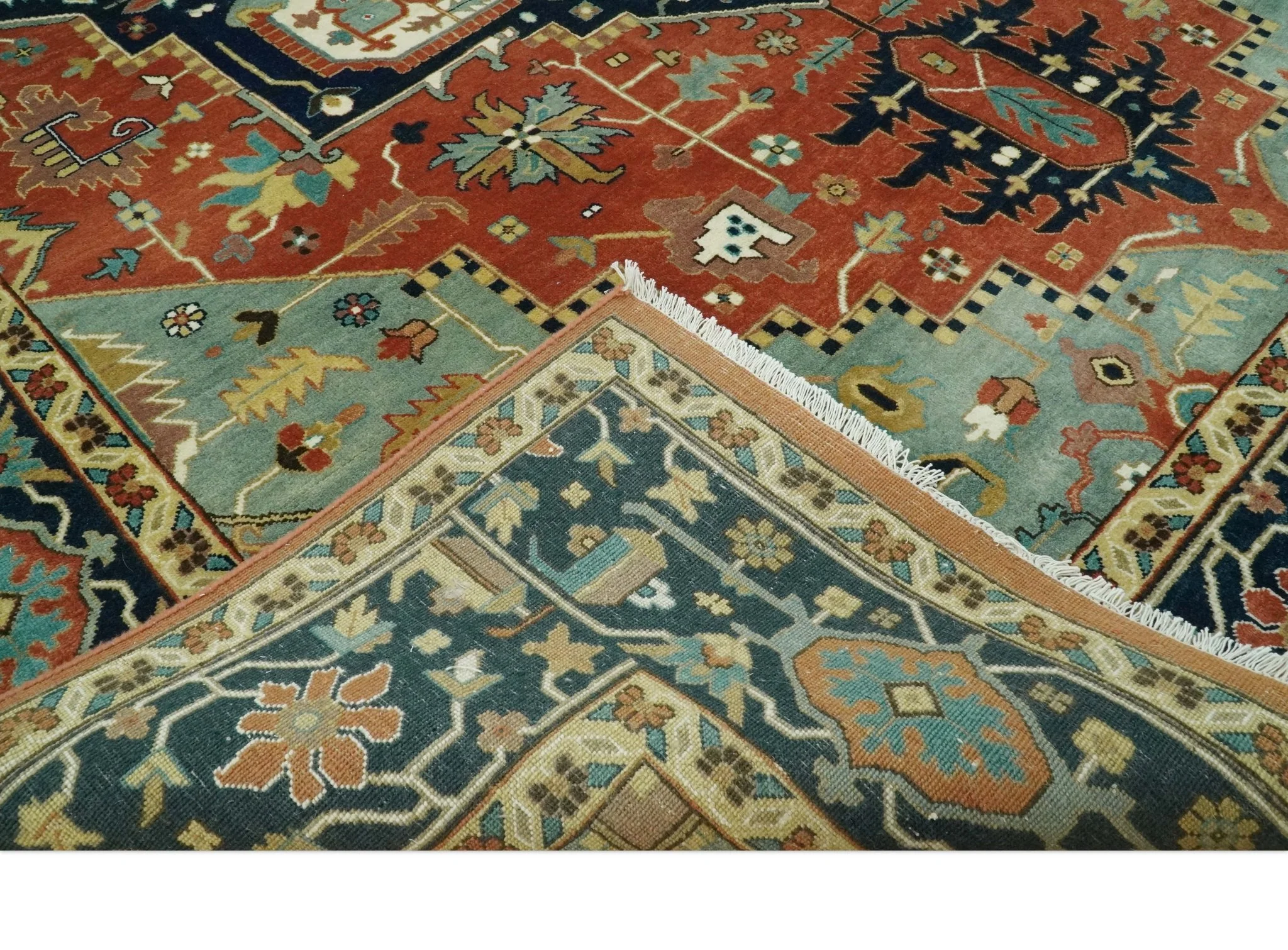 9x12 Fine Hand Knotted Rust, Blue and Aqua Traditional Heriz wool area rug - Image 7