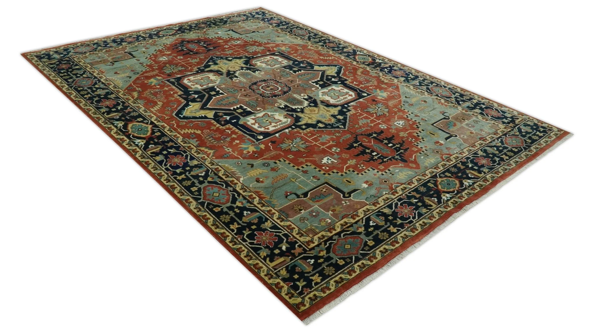9x12 Fine Hand Knotted Rust, Blue and Aqua Traditional Heriz wool area rug - Image 9