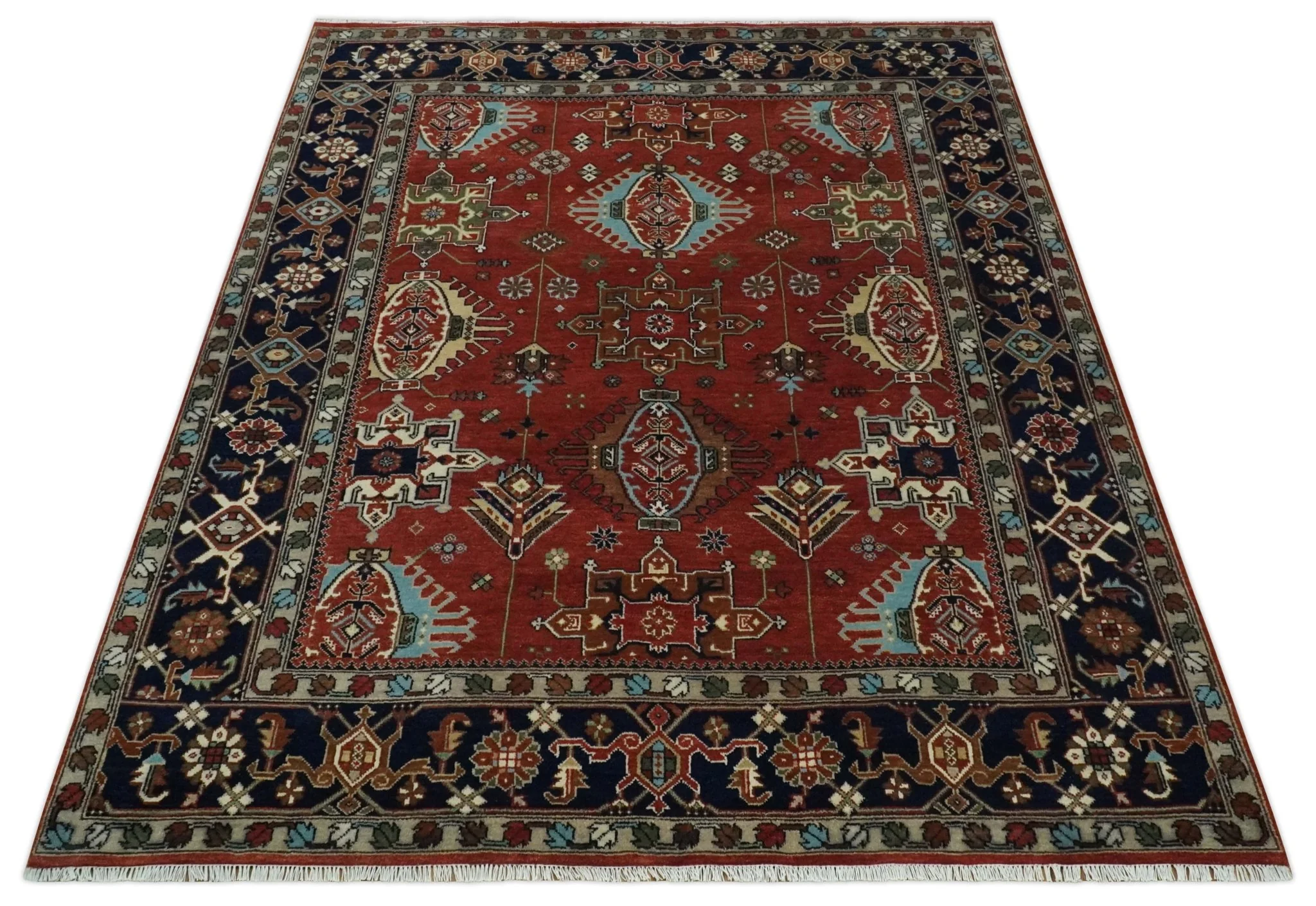 Rust, Blue and Beige Hand Knotted Antique 8x10 Traditional Wool Rug - Image 10