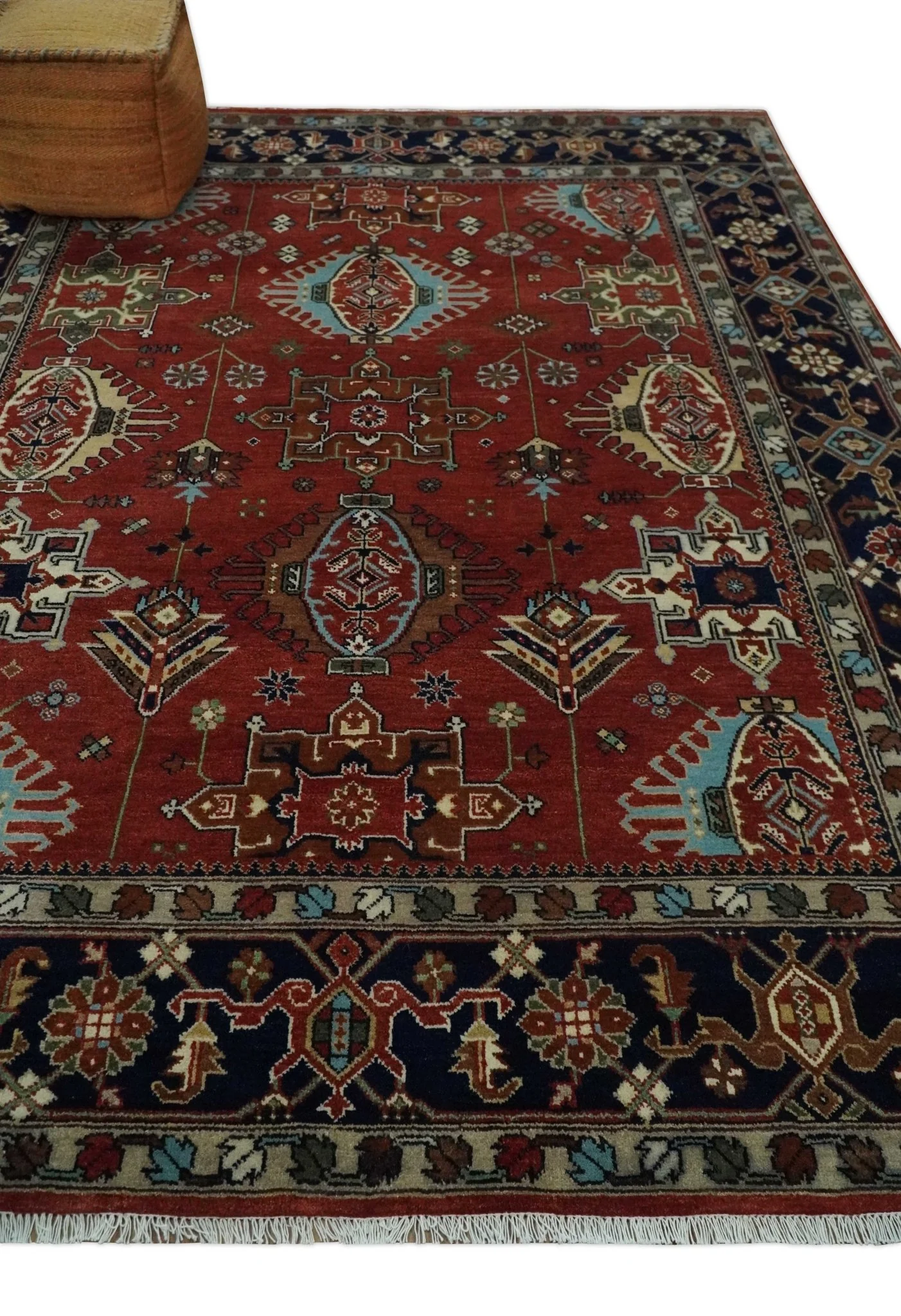 Rust, Blue and Beige Hand Knotted Antique 8x10 Traditional Wool Rug - Image 3