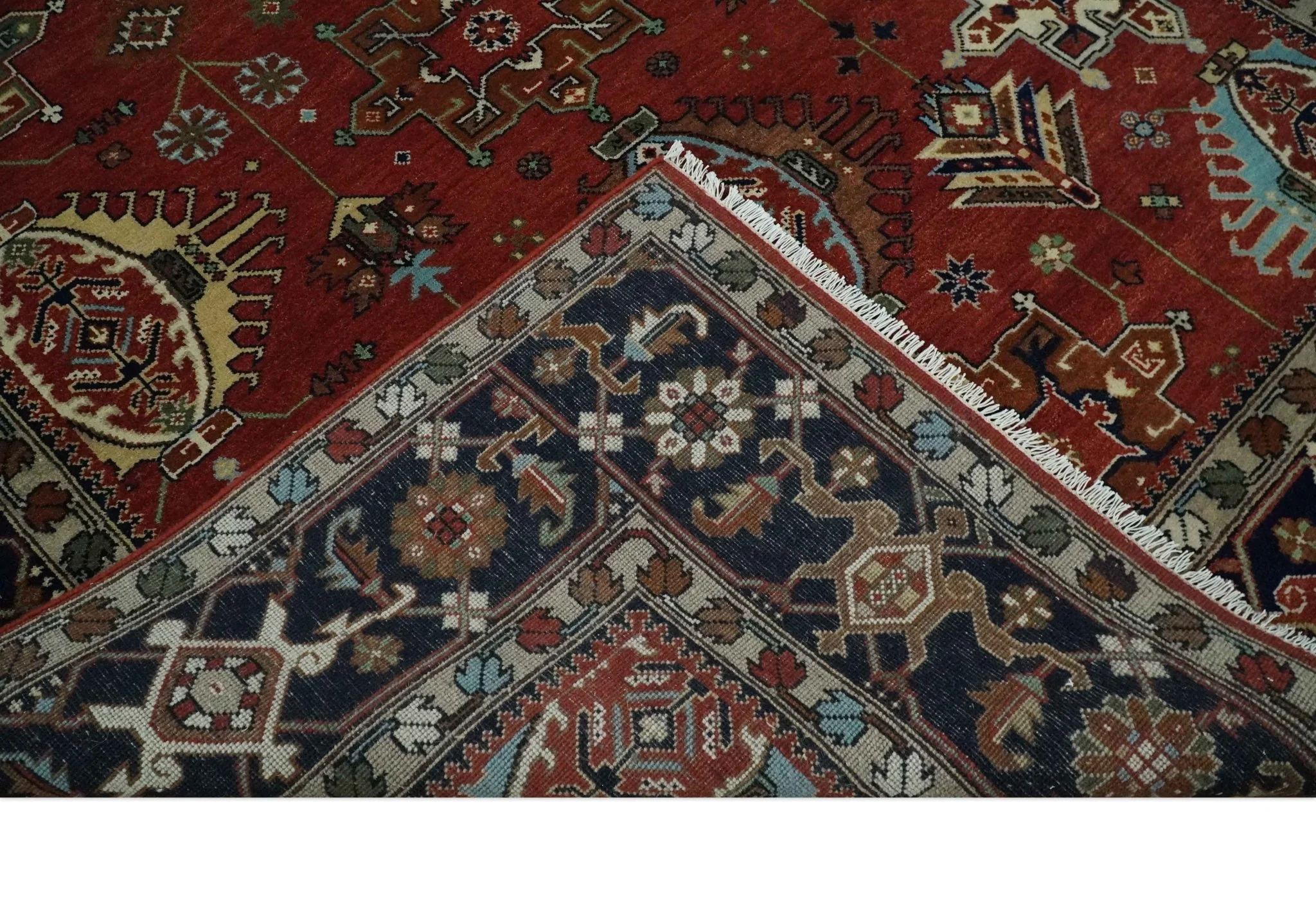Rust, Blue and Beige Hand Knotted Antique 8x10 Traditional Wool Rug - Image 7