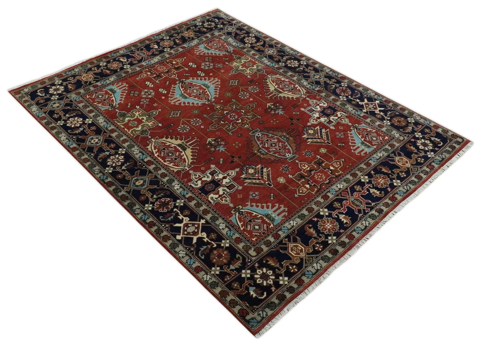 Rust, Blue and Beige Hand Knotted Antique 8x10 Traditional Wool Rug - Image 9