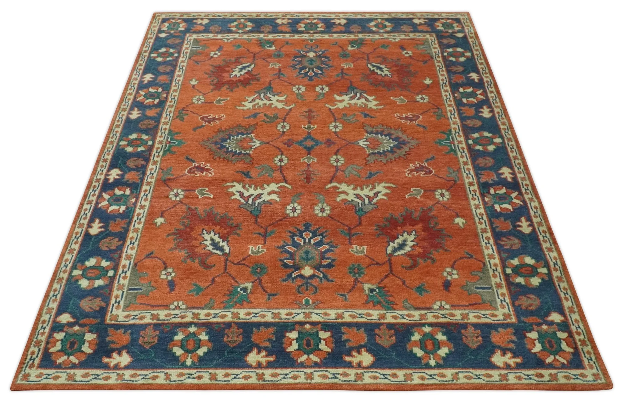 Rust, Blue and Beige Hand Knotted Oriental Oushak Multi Size wool Area Rug - Image 10