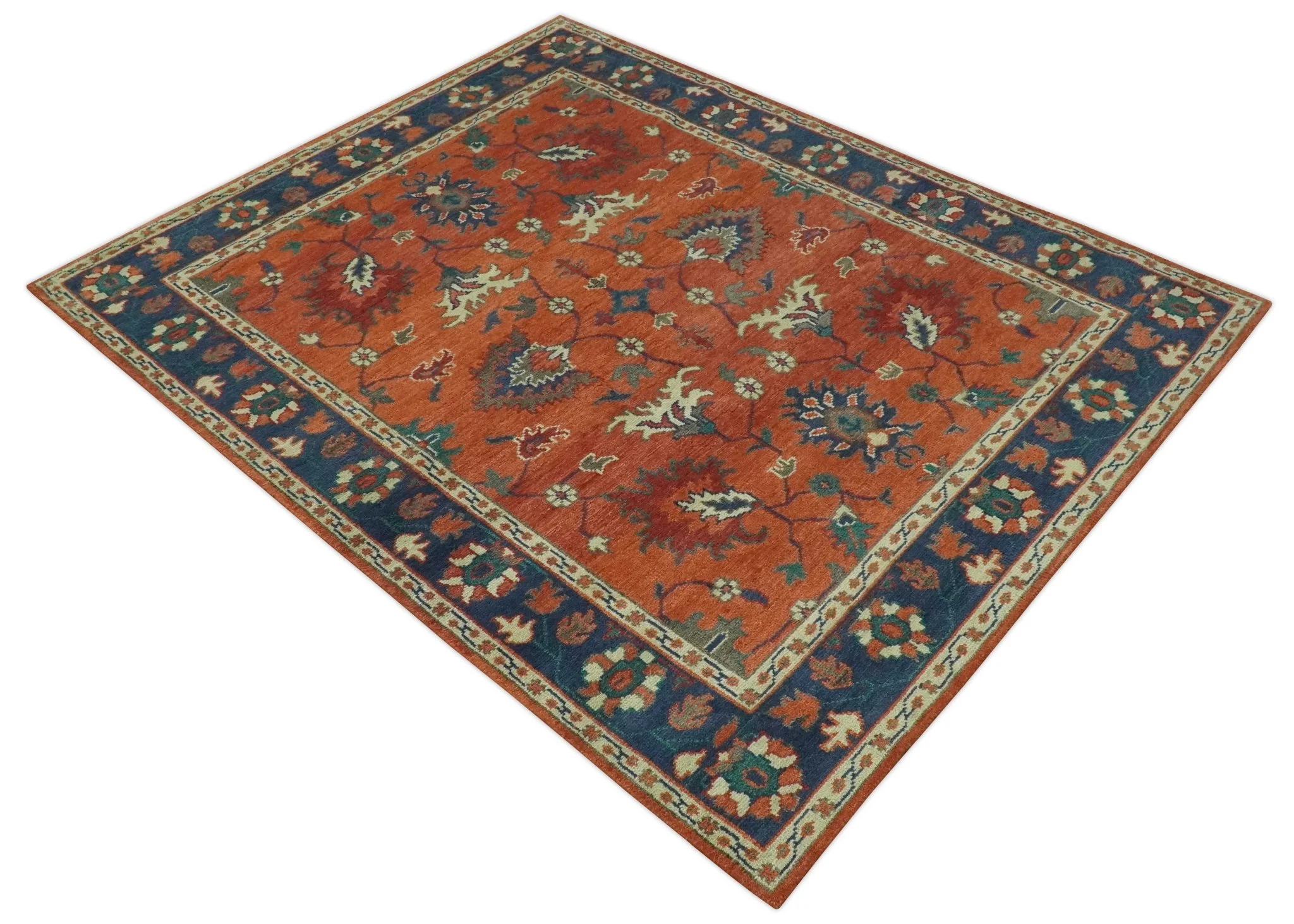Rust, Blue and Beige Hand Knotted Oriental Oushak Multi Size wool Area Rug - Image 9