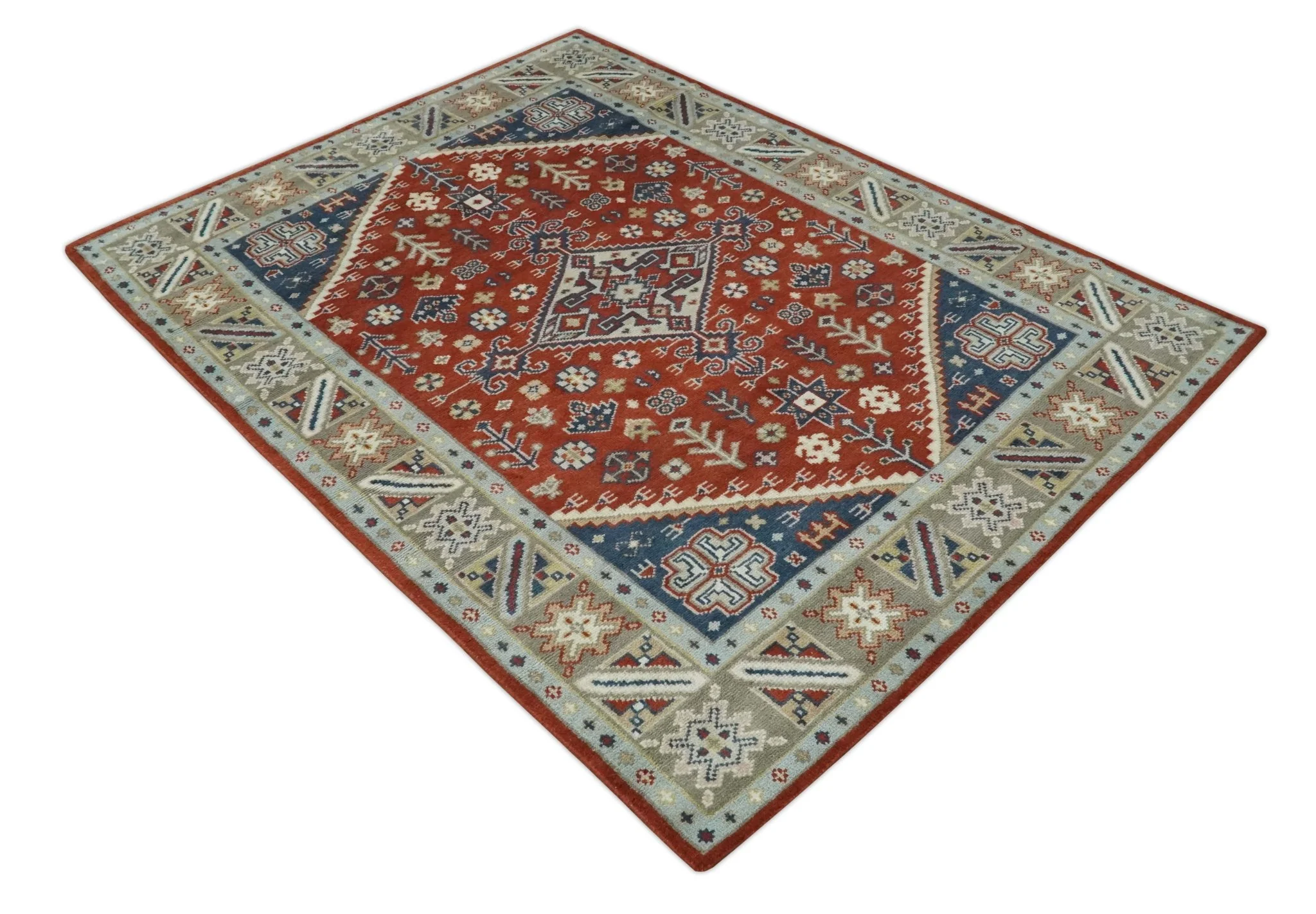 Premium Style Rust, Blue and Beige Hand Knotted Traditional Heriz wool Area Rug - Image 10