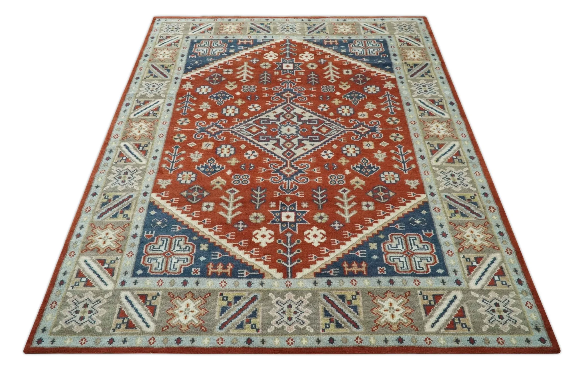 Premium Style Rust, Blue and Beige Hand Knotted Traditional Heriz wool Area Rug - Image 11