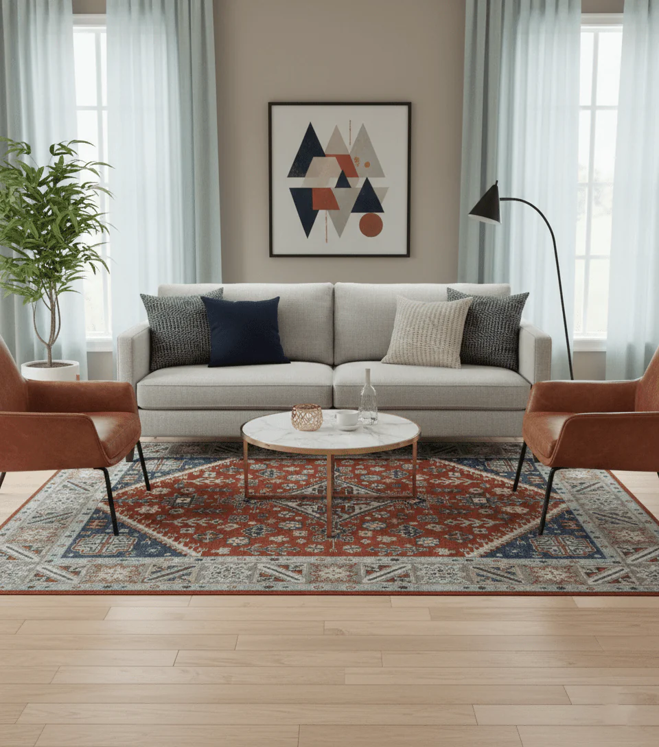 Premium Style Rust, Blue and Beige Hand Knotted Traditional Heriz wool Area Rug - Image 2