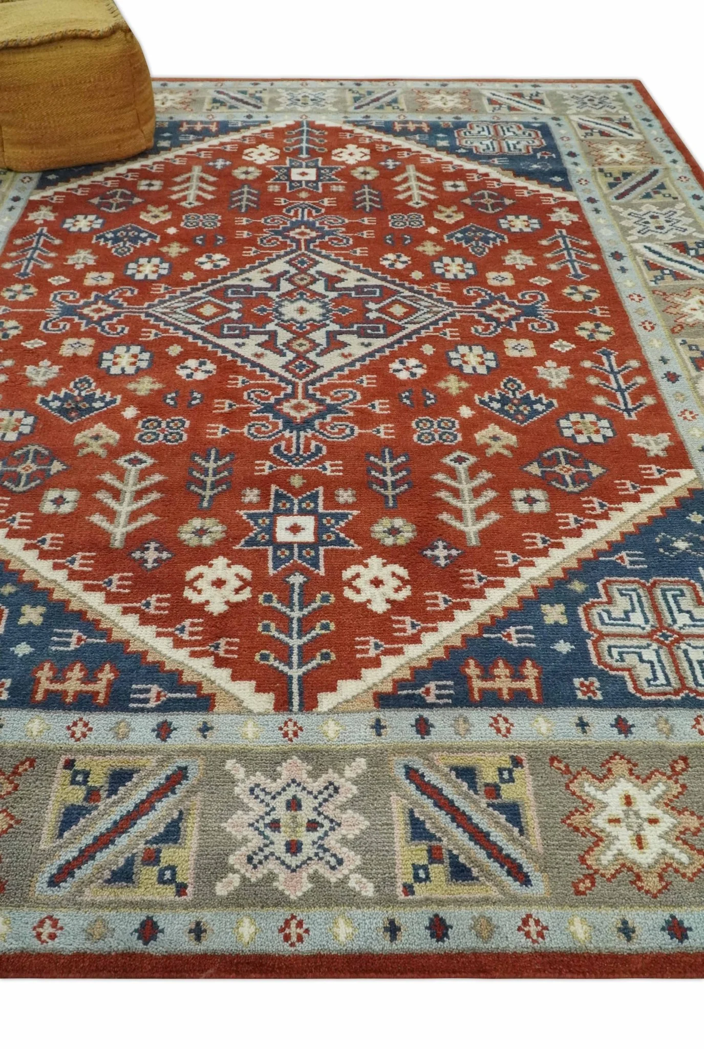 Premium Style Rust, Blue and Beige Hand Knotted Traditional Heriz wool Area Rug - Image 4