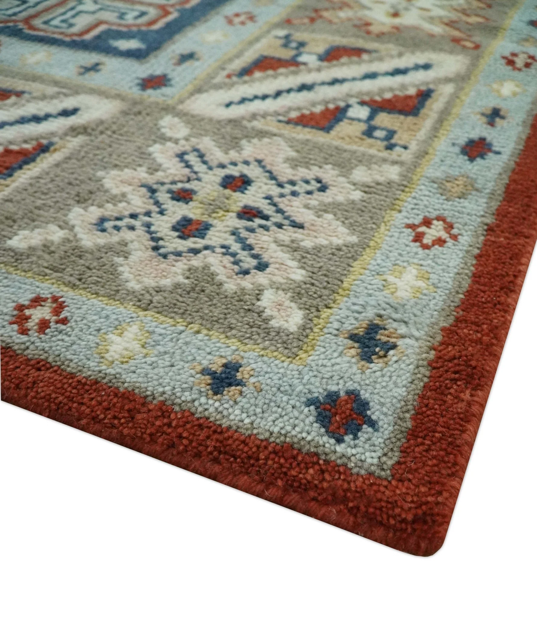 Premium Style Rust, Blue and Beige Hand Knotted Traditional Heriz wool Area Rug - Image 6