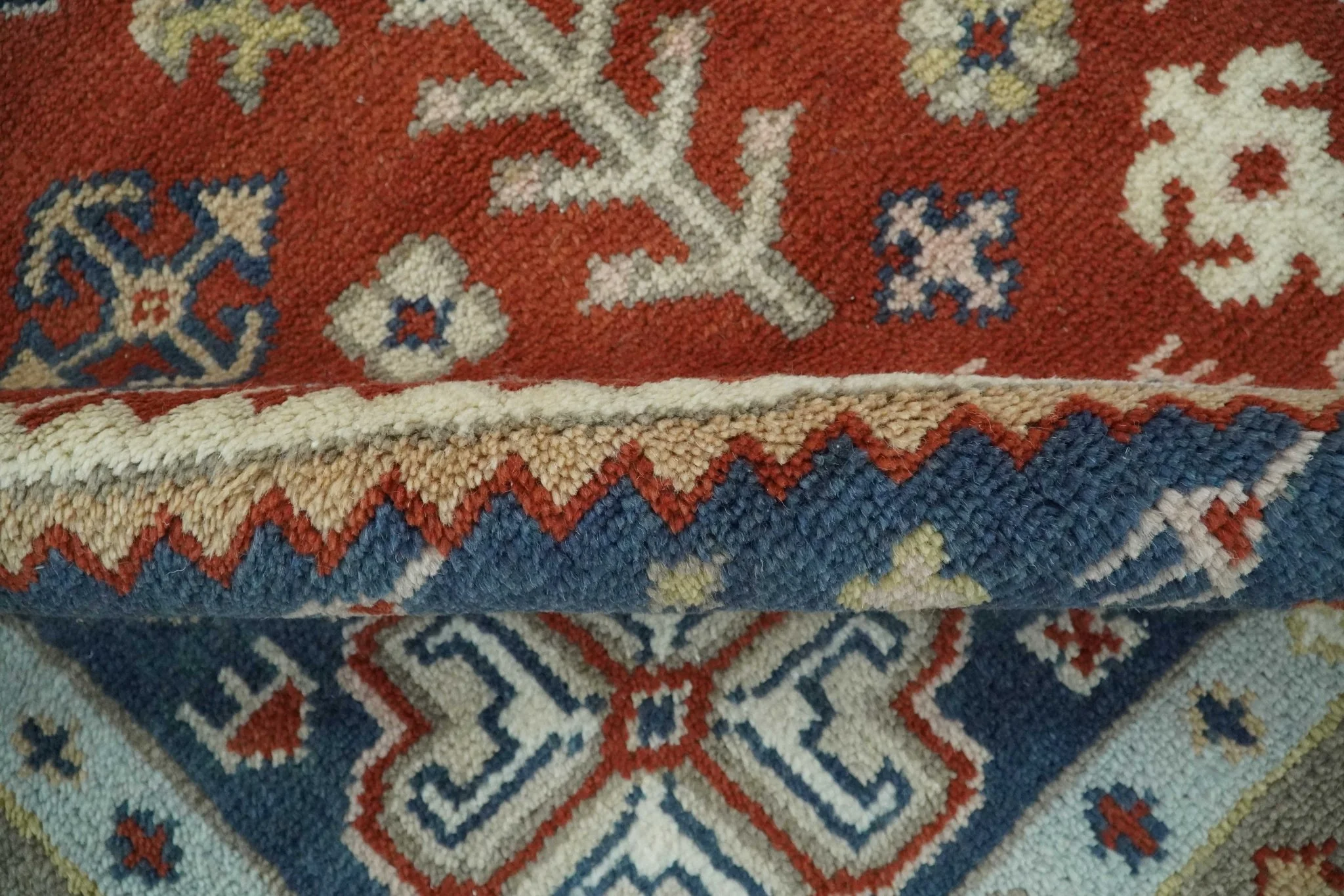 Premium Style Rust, Blue and Beige Hand Knotted Traditional Heriz wool Area Rug - Image 7