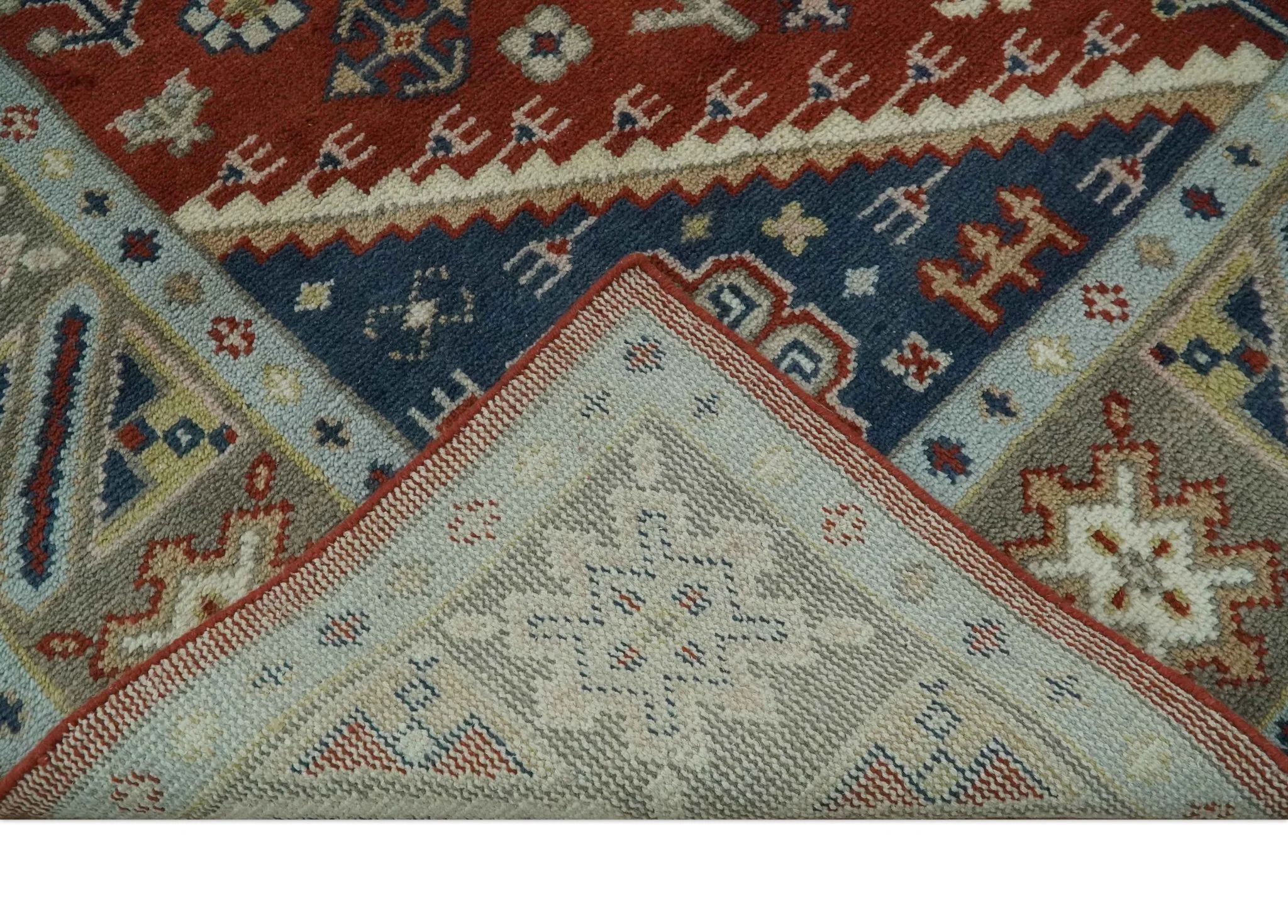 Premium Style Rust, Blue and Beige Hand Knotted Traditional Heriz wool Area Rug - Image 8
