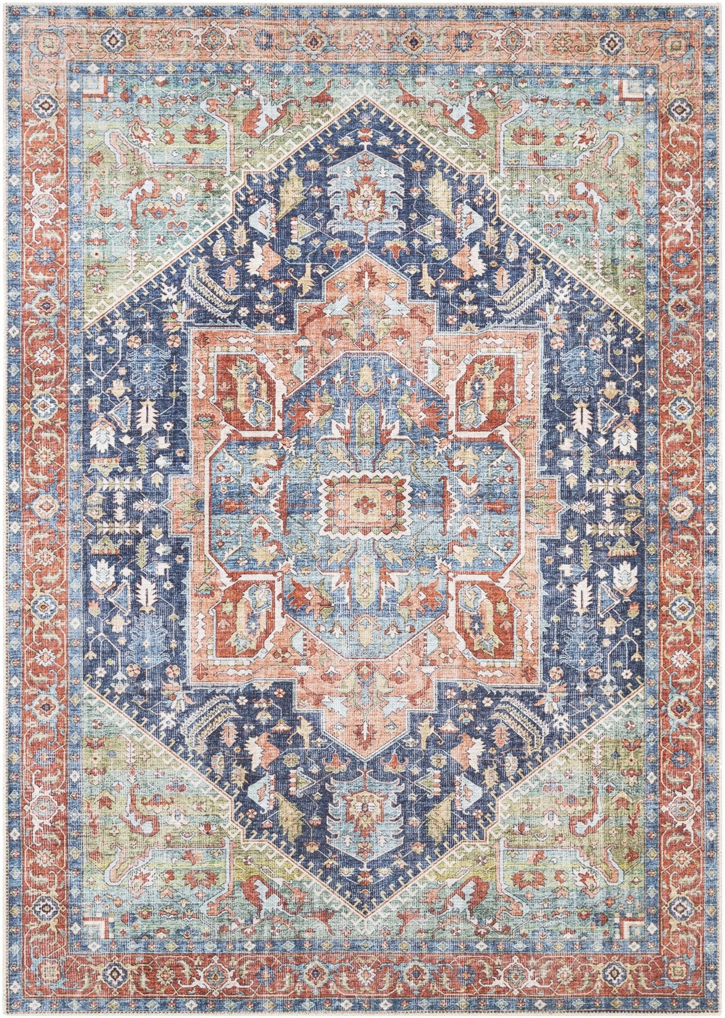 Rust, Blue and Green Traditional Heriz Design Multi Size Washable Area Rug - Image 11
