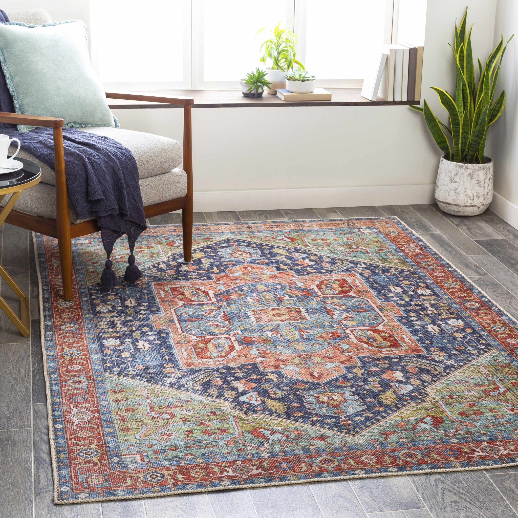 Rust, Blue and Green Traditional Heriz Design Multi Size Washable Area Rug - Image 2
