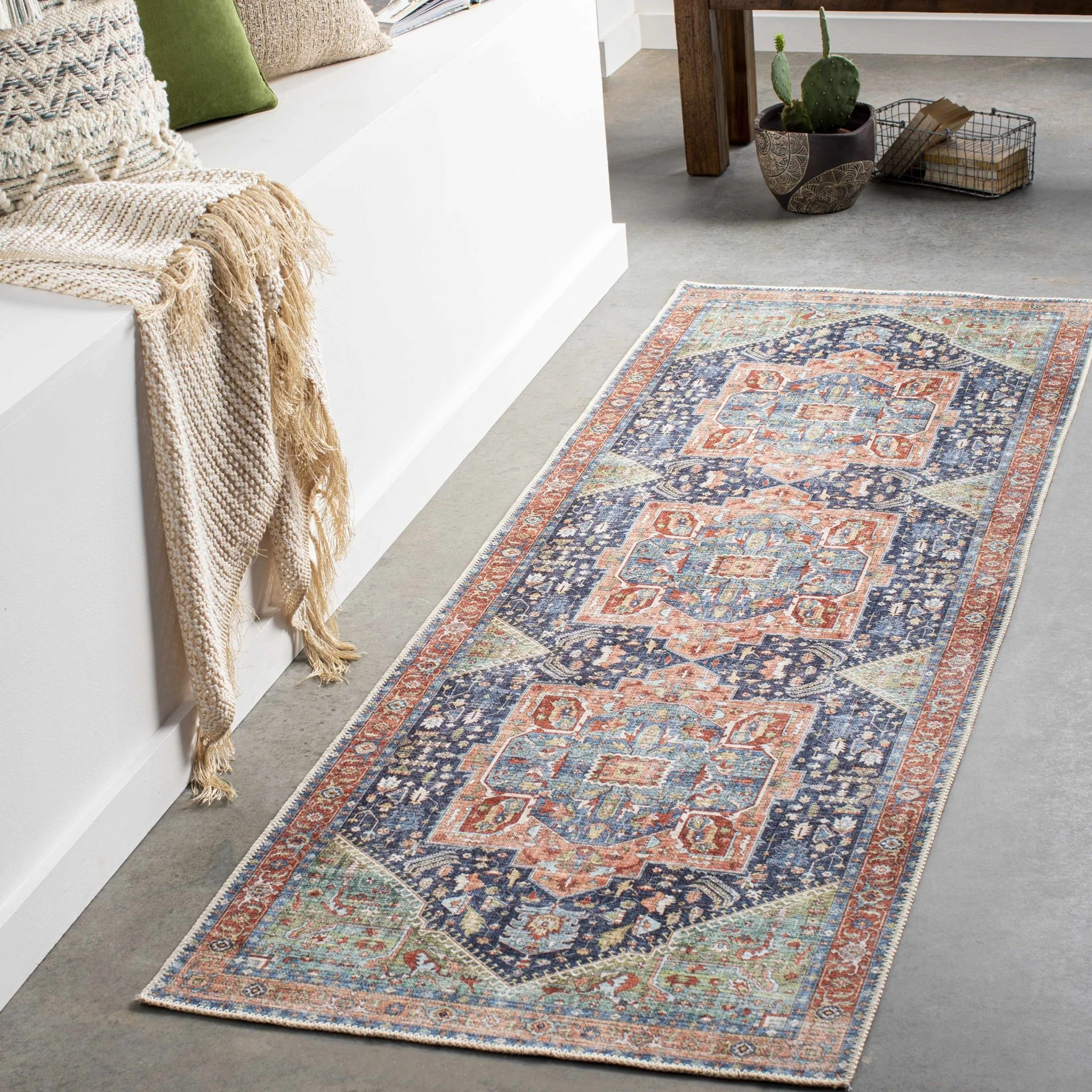 Rust, Blue and Green Traditional Heriz Design Multi Size Washable Area Rug - Image 3