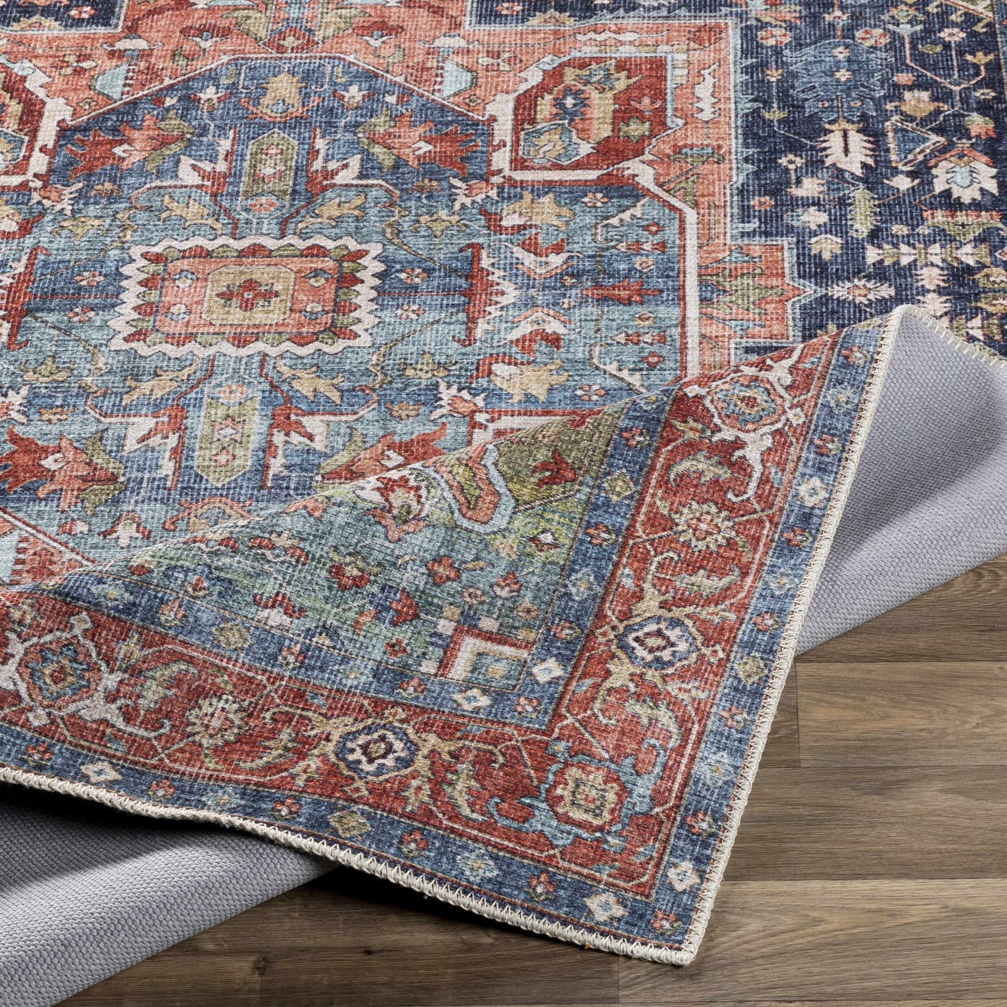 Rust, Blue and Green Traditional Heriz Design Multi Size Washable Area Rug - Image 7
