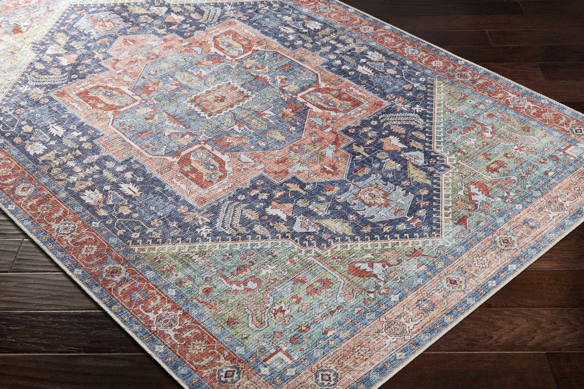 Rust, Blue and Green Traditional Heriz Design Multi Size Washable Area Rug - Image 8