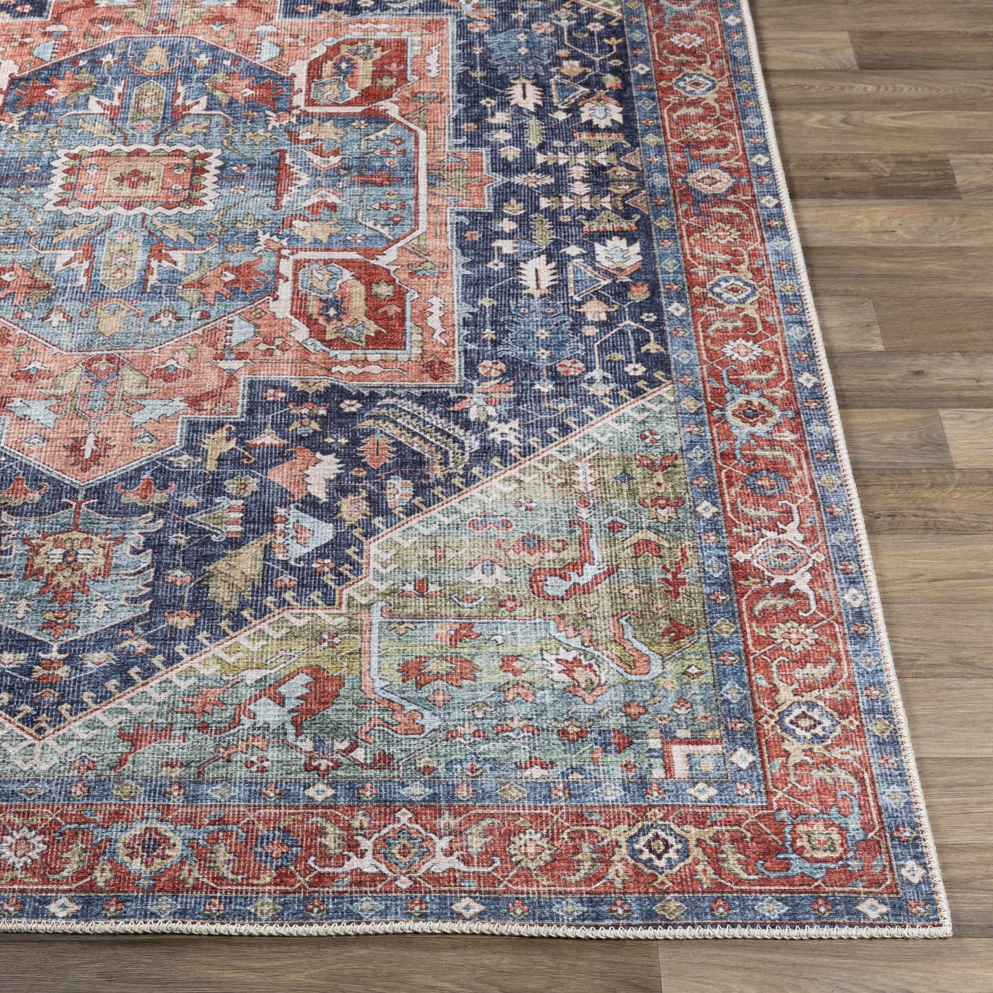 Rust, Blue and Green Traditional Heriz Design Multi Size Washable Area Rug - Image 9