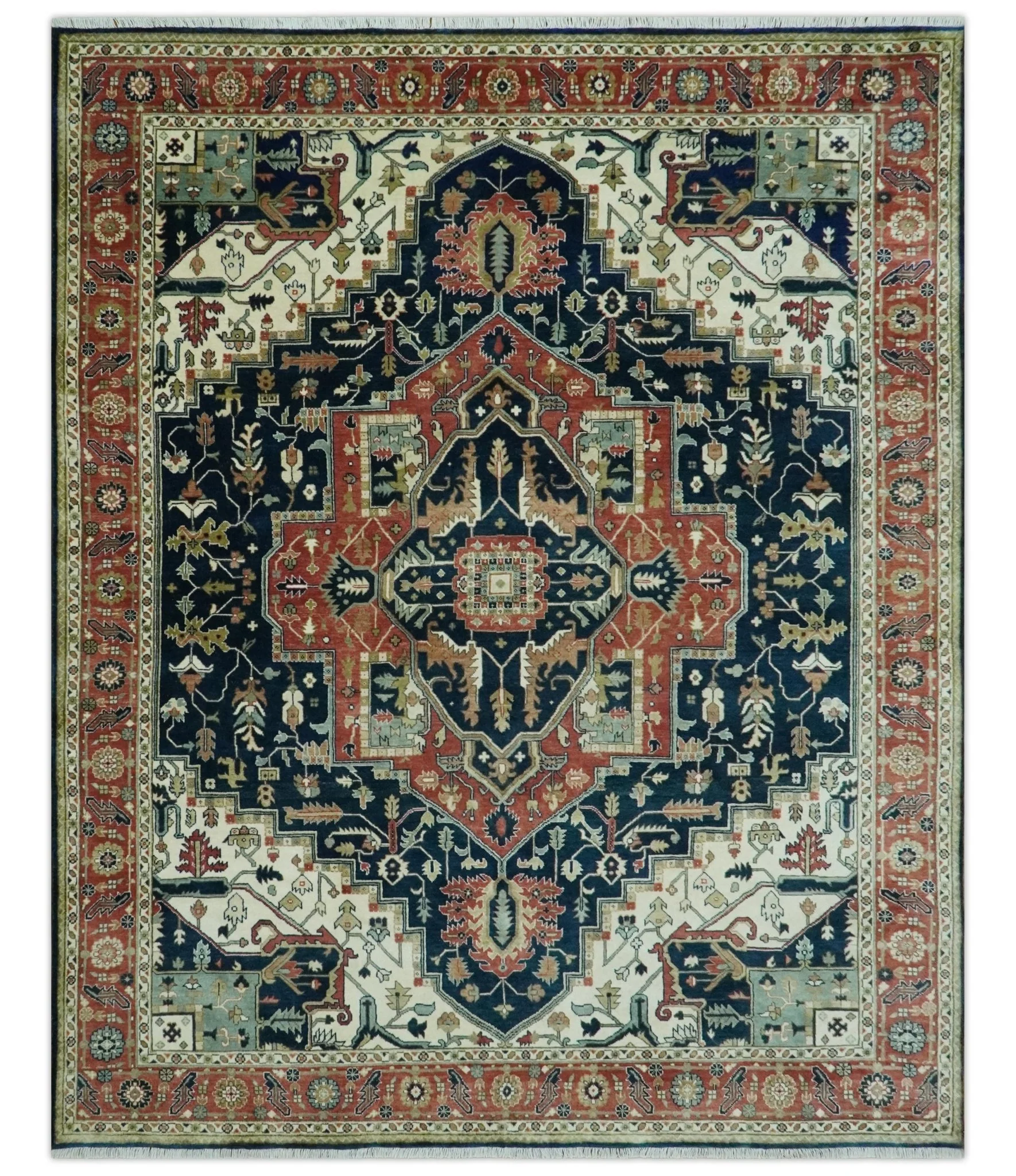 Vintage Style Rust, Blue and Ivory Fine Hand Knotted Traditional Heriz 9x12 wool area rug - Image 10