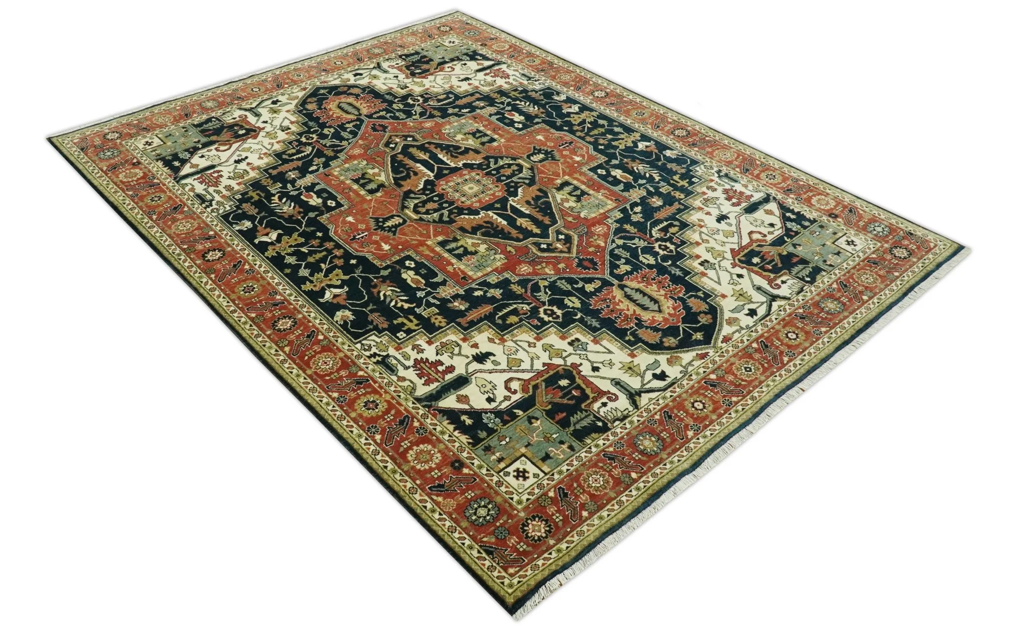 Vintage Style Rust, Blue and Ivory Fine Hand Knotted Traditional Heriz 9x12 wool area rug - Image 2