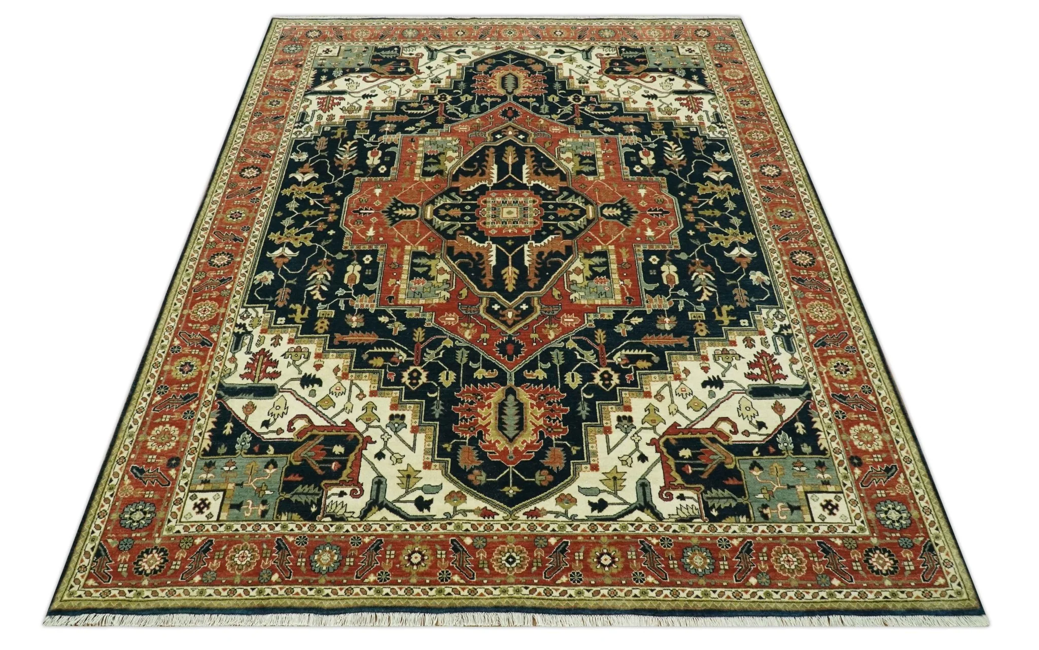 Vintage Style Rust, Blue and Ivory Fine Hand Knotted Traditional Heriz 9x12 wool area rug - Image 3