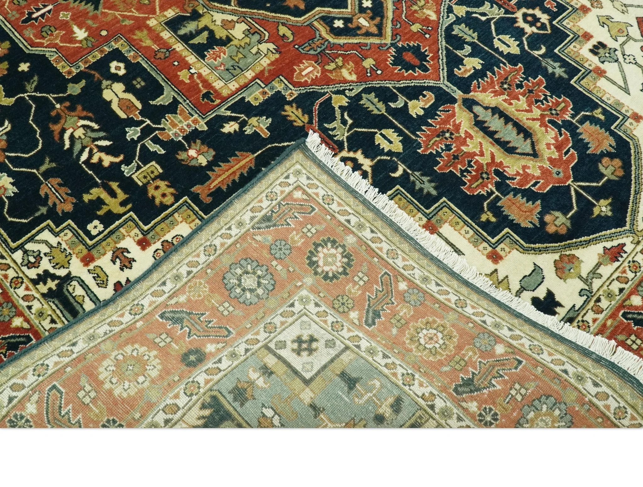 Vintage Style Rust, Blue and Ivory Fine Hand Knotted Traditional Heriz 9x12 wool area rug - Image 4