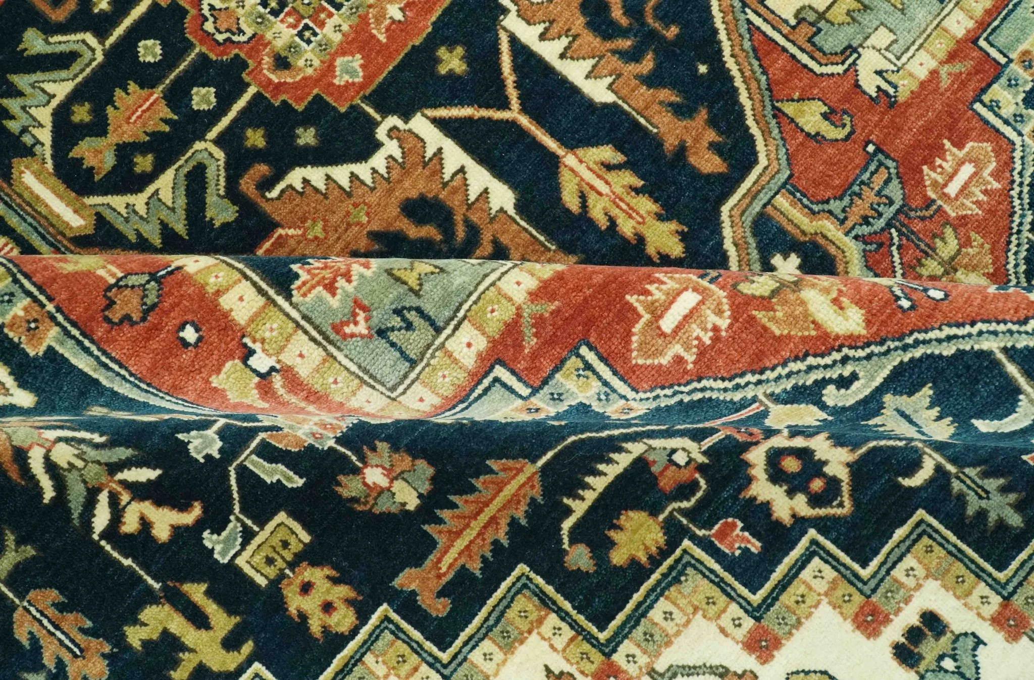 Vintage Style Rust, Blue and Ivory Fine Hand Knotted Traditional Heriz 9x12 wool area rug - Image 5