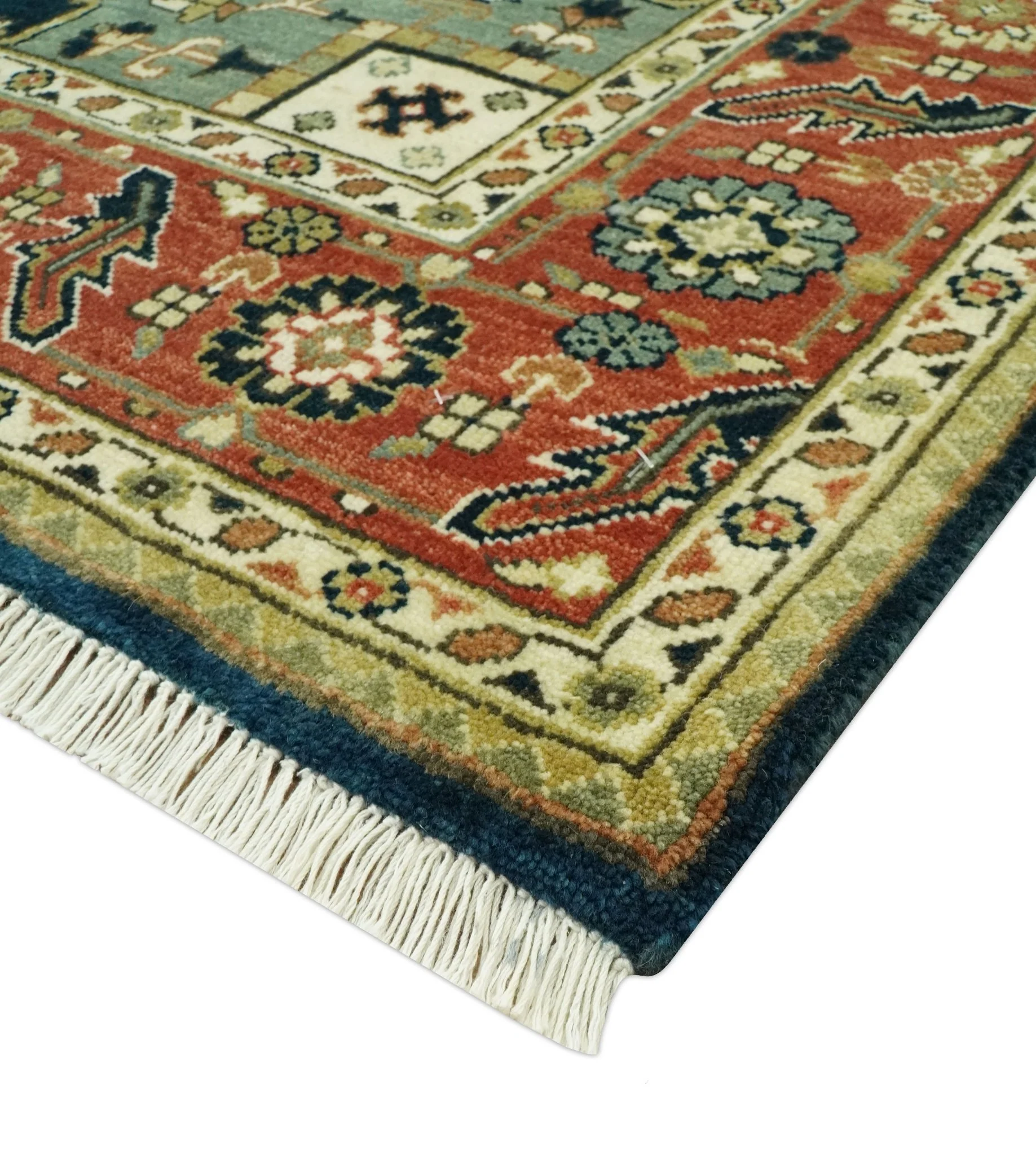 Vintage Style Rust, Blue and Ivory Fine Hand Knotted Traditional Heriz 9x12 wool area rug - Image 7