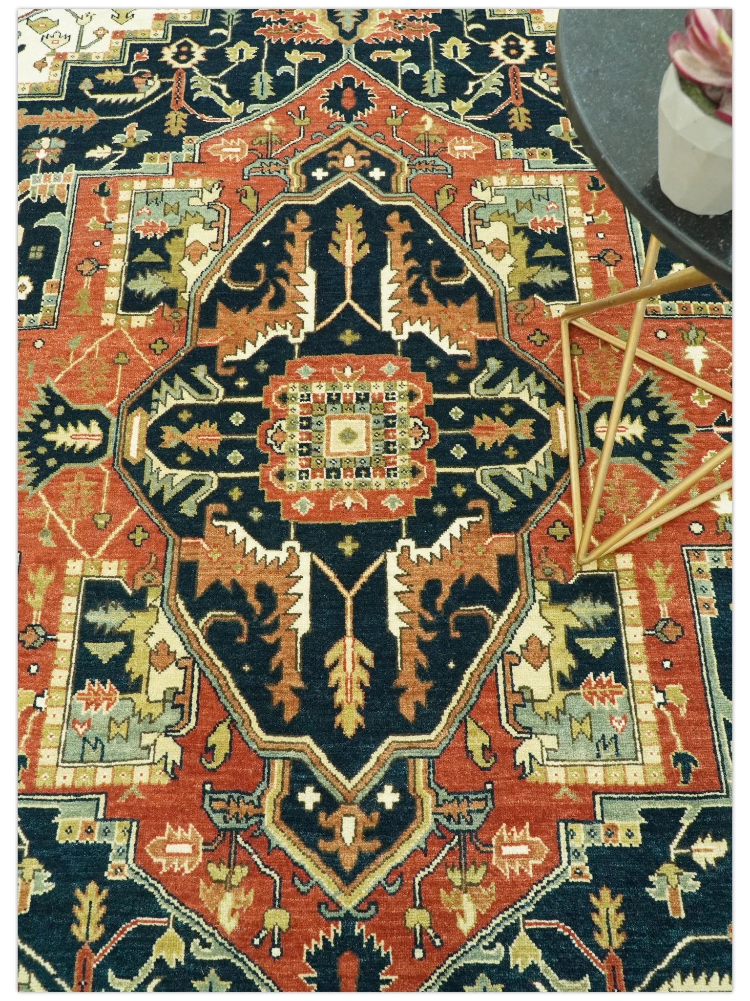 Vintage Style Rust, Blue and Ivory Fine Hand Knotted Traditional Heriz 9x12 wool area rug - Image 8