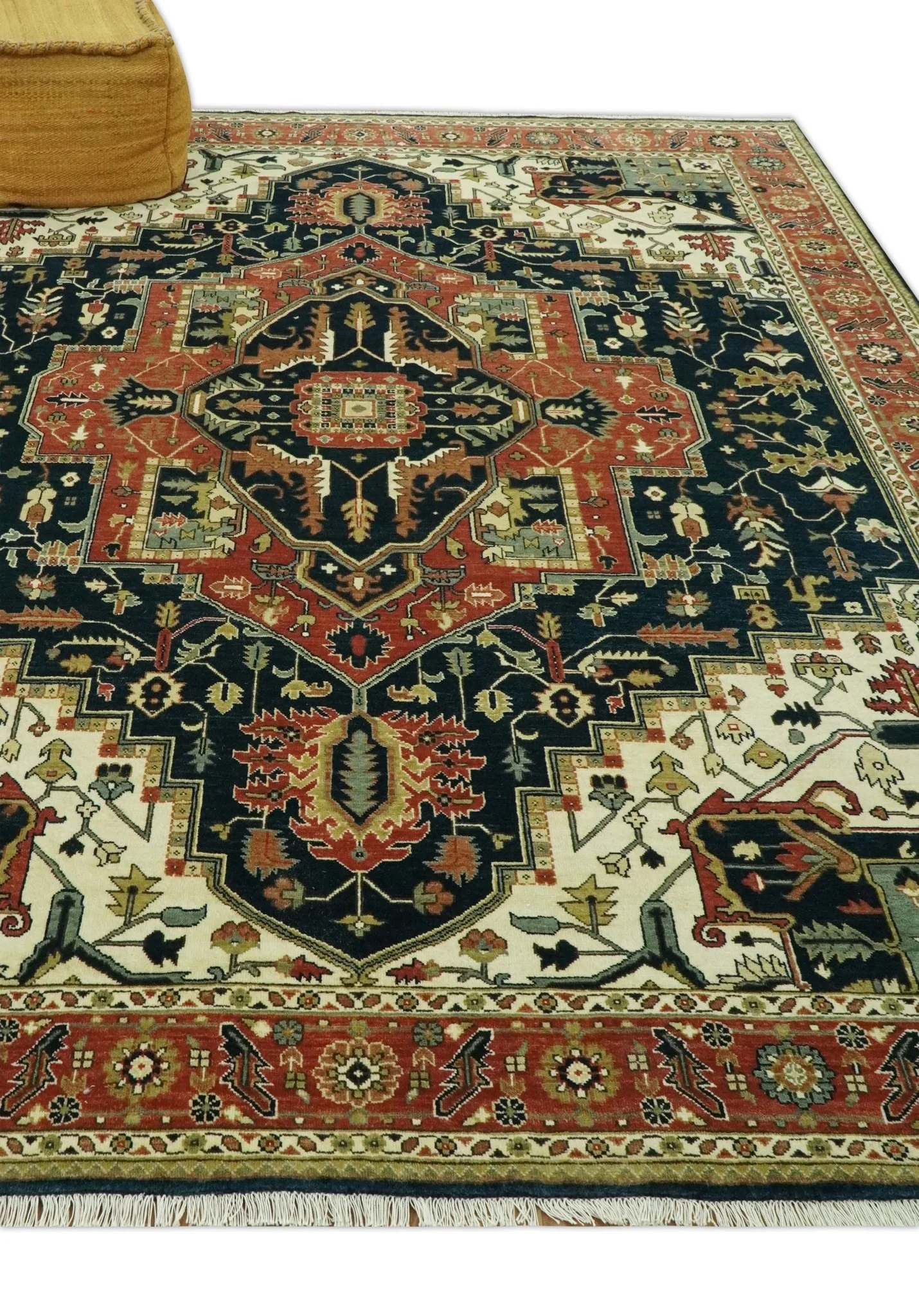 Vintage Style Rust, Blue and Ivory Fine Hand Knotted Traditional Heriz 9x12 wool area rug - Image 9