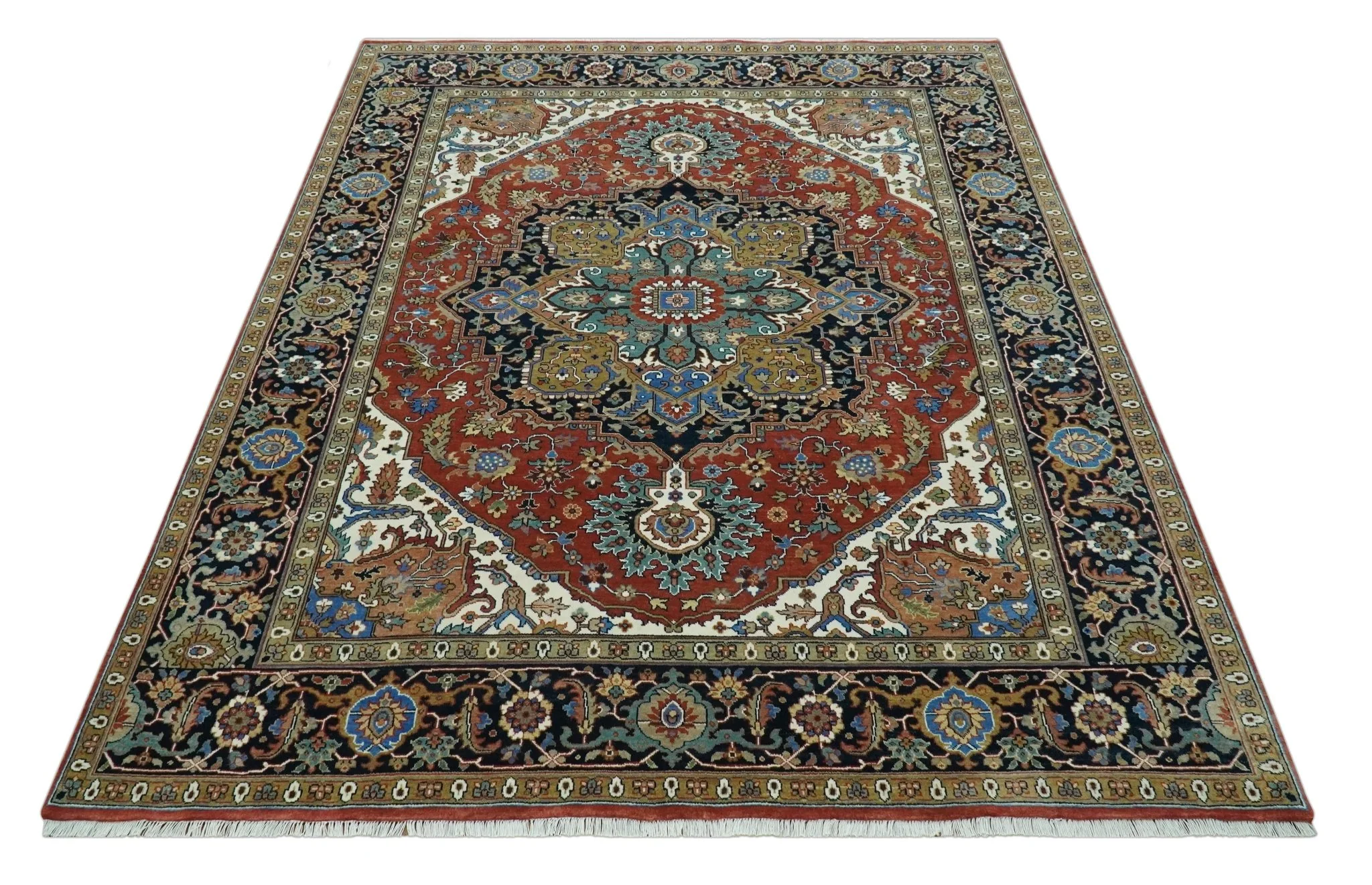 Premium look Rust, Blue and Olive 8x10 Fine Hand Knotted Traditional Heriz wool area rug - Image 10