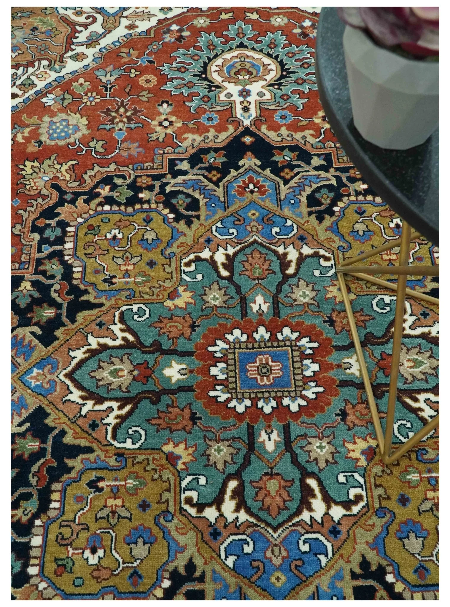 Premium look Rust, Blue and Olive 8x10 Fine Hand Knotted Traditional Heriz wool area rug - Image 2