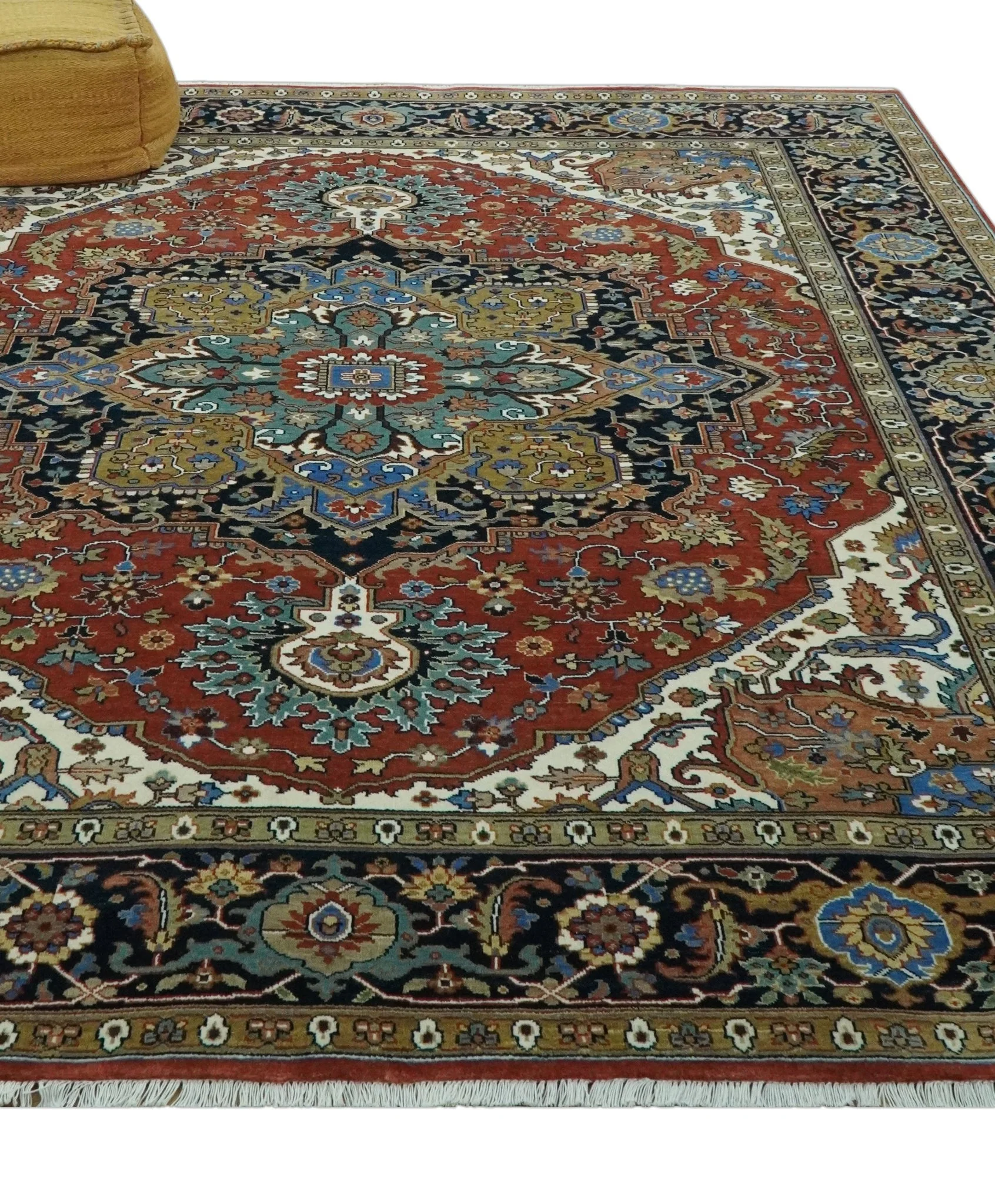 Premium look Rust, Blue and Olive 8x10 Fine Hand Knotted Traditional Heriz wool area rug - Image 3