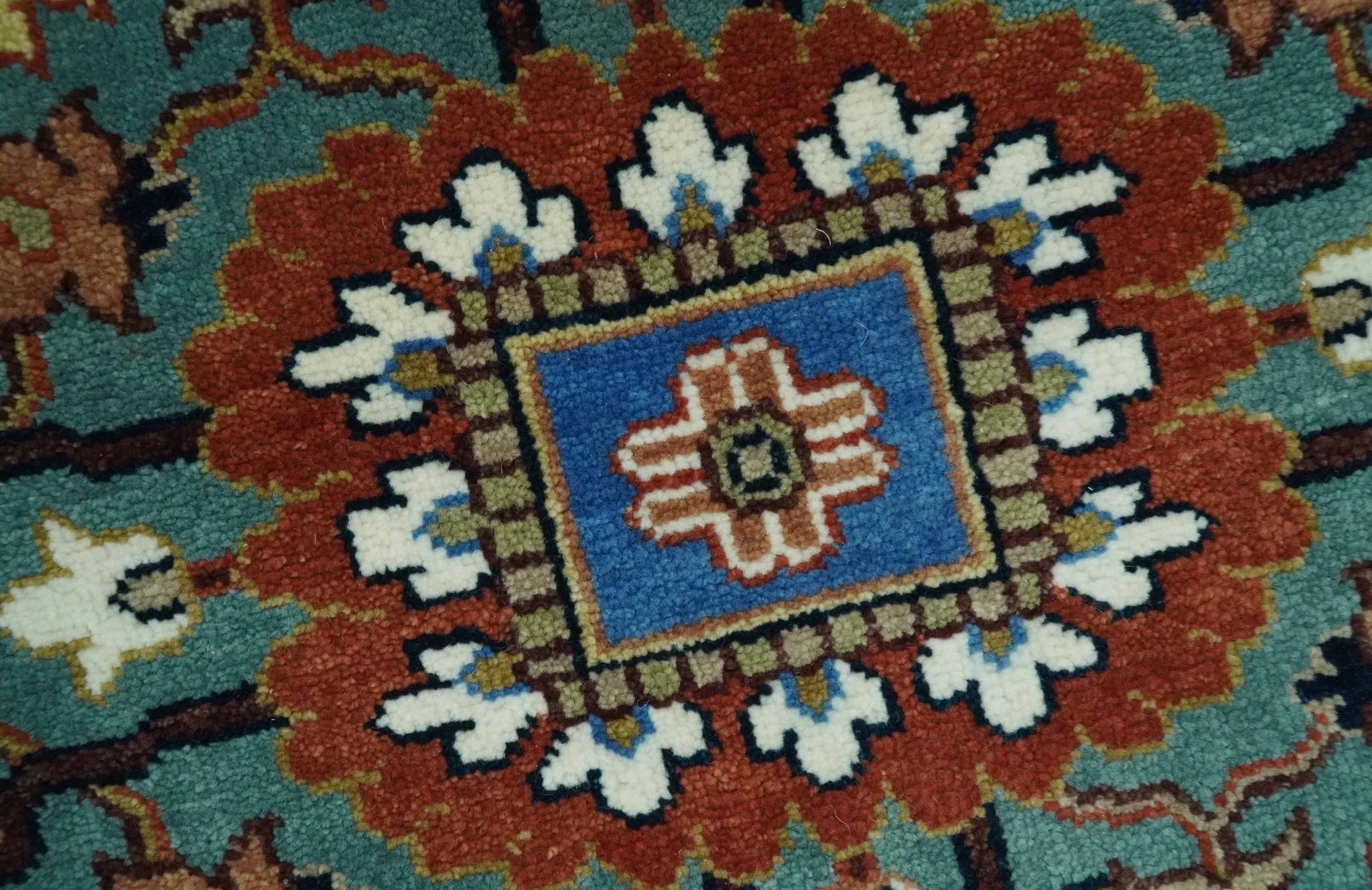 Premium look Rust, Blue and Olive 8x10 Fine Hand Knotted Traditional Heriz wool area rug - Image 4
